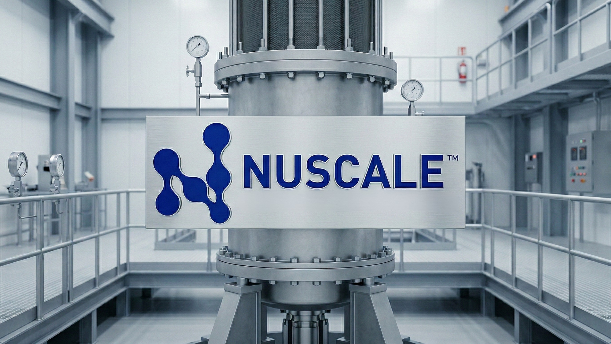 NuScale Power small modular reactor facility with company logo displayed prominently on reactor module.