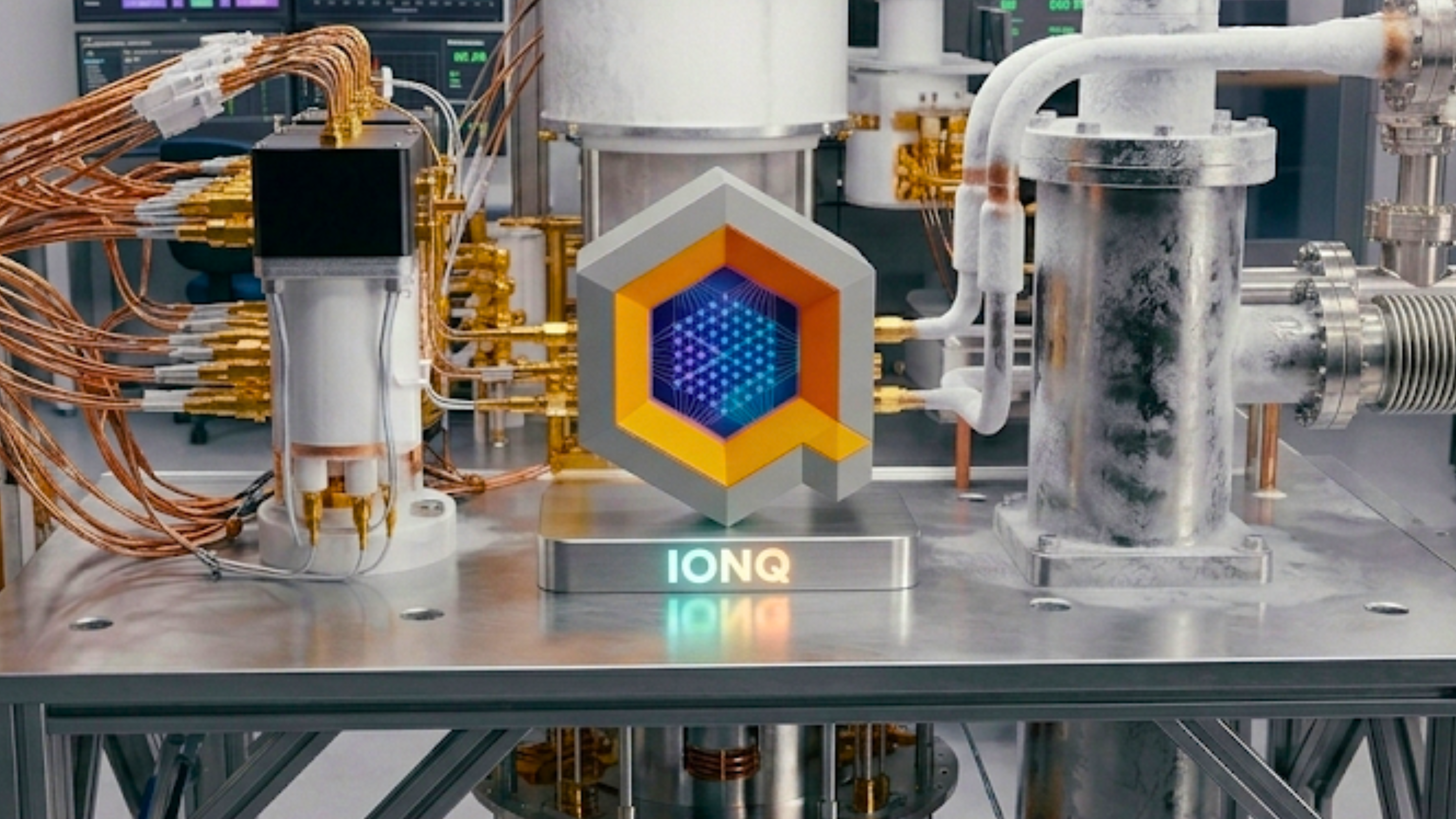 IonQ quantum processor amid cryogenic lab equipment and monitoring systems.