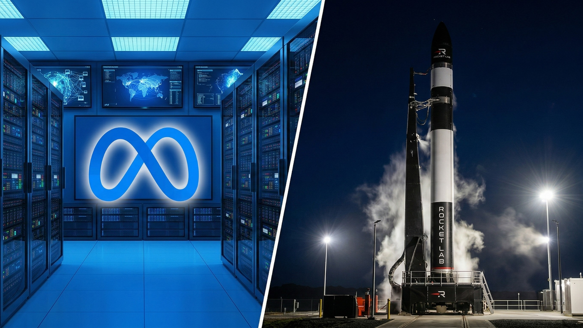 Split image showing Meta data center with logo and Rocket Lab rocket on launch pad at night, highlighting tech and space growth.