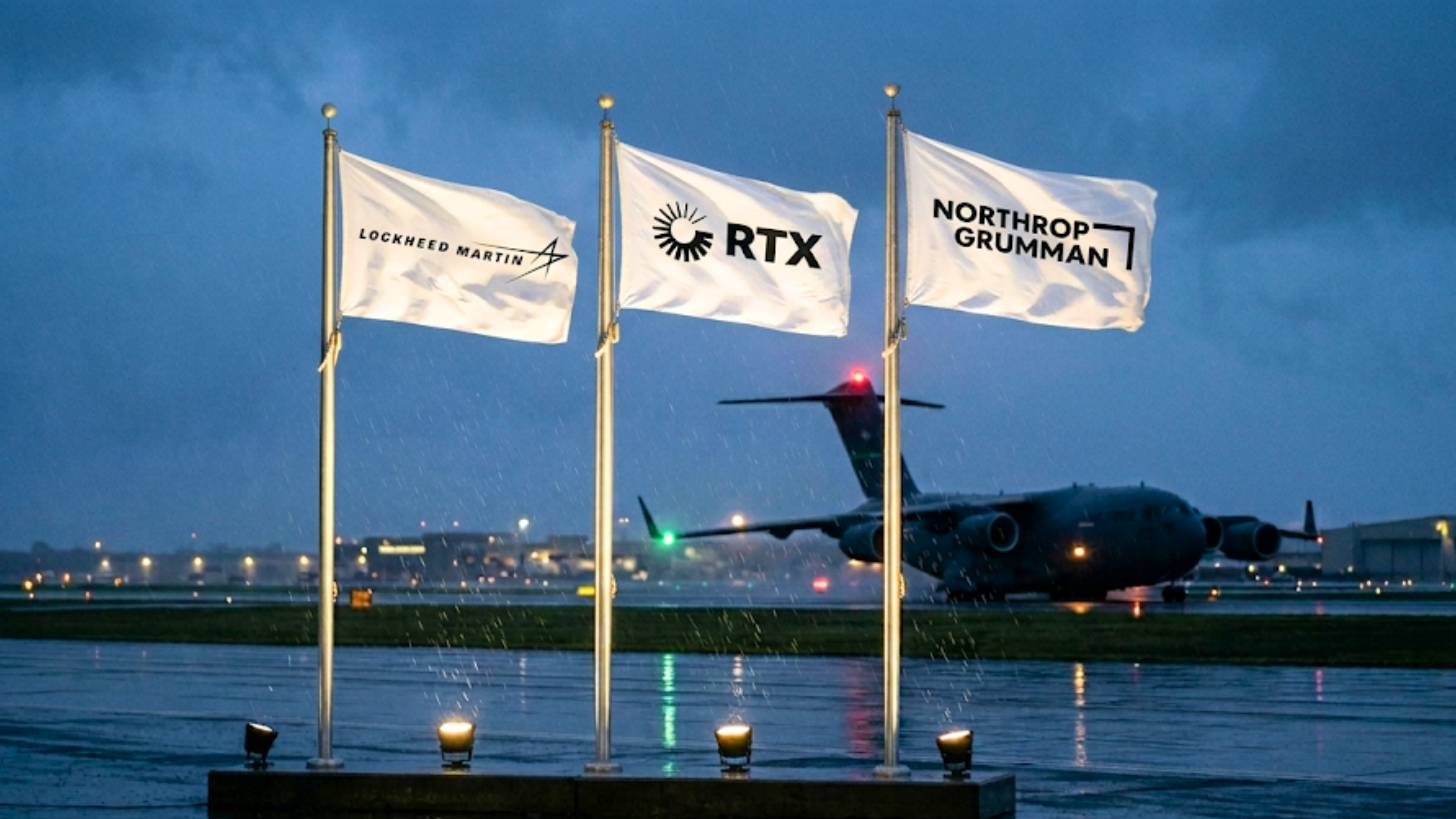 Lockheed Martin, RTX, and Northrop Grumman flags on military airfield with cargo aircraft.