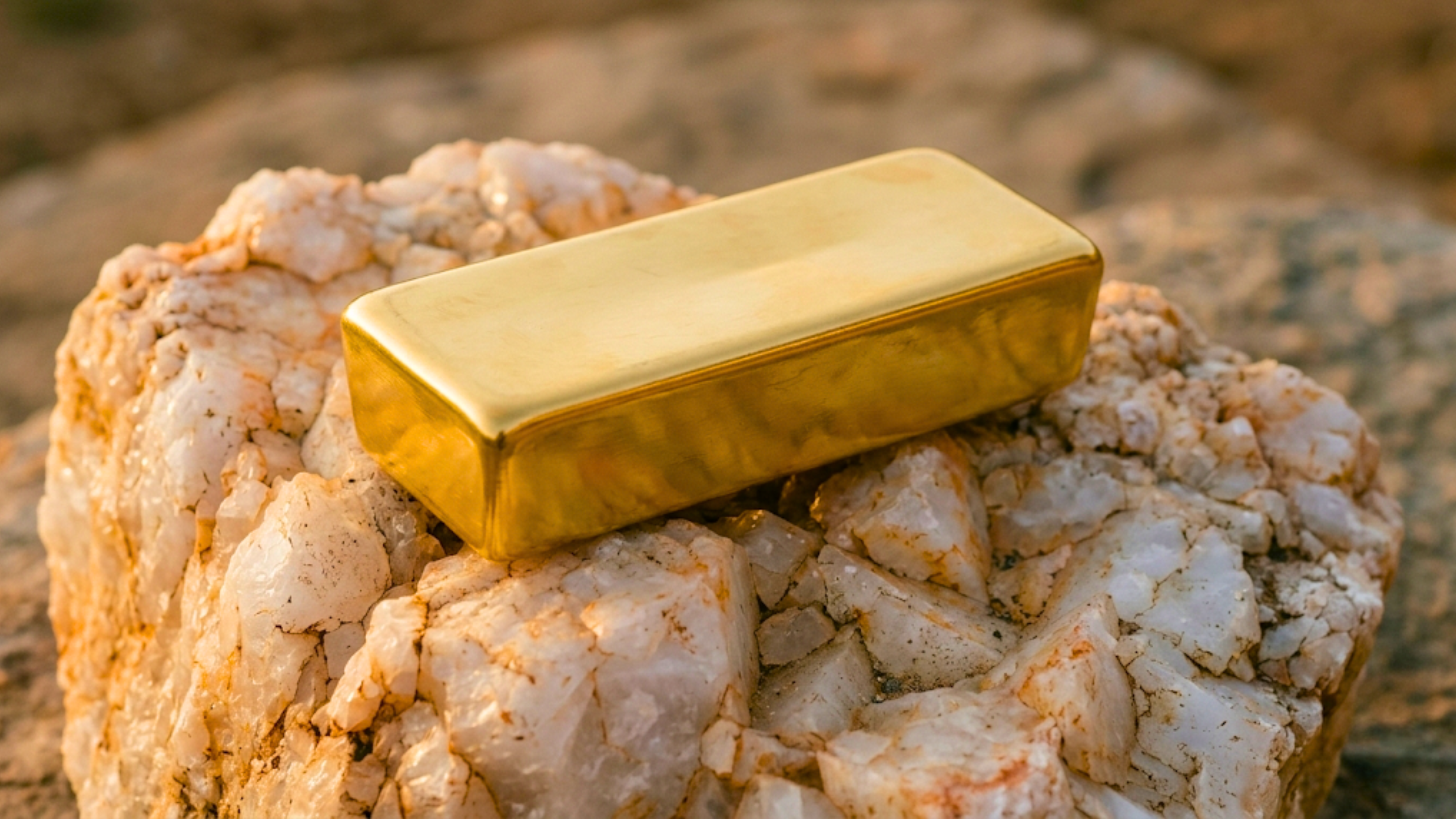 Gold bullion bar resting on quartz rock formation.