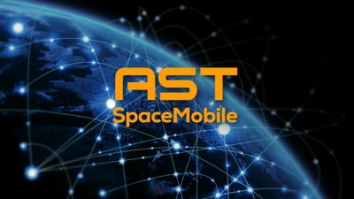 AST SpaceMobile logo over Earth with glowing global network connections in space.