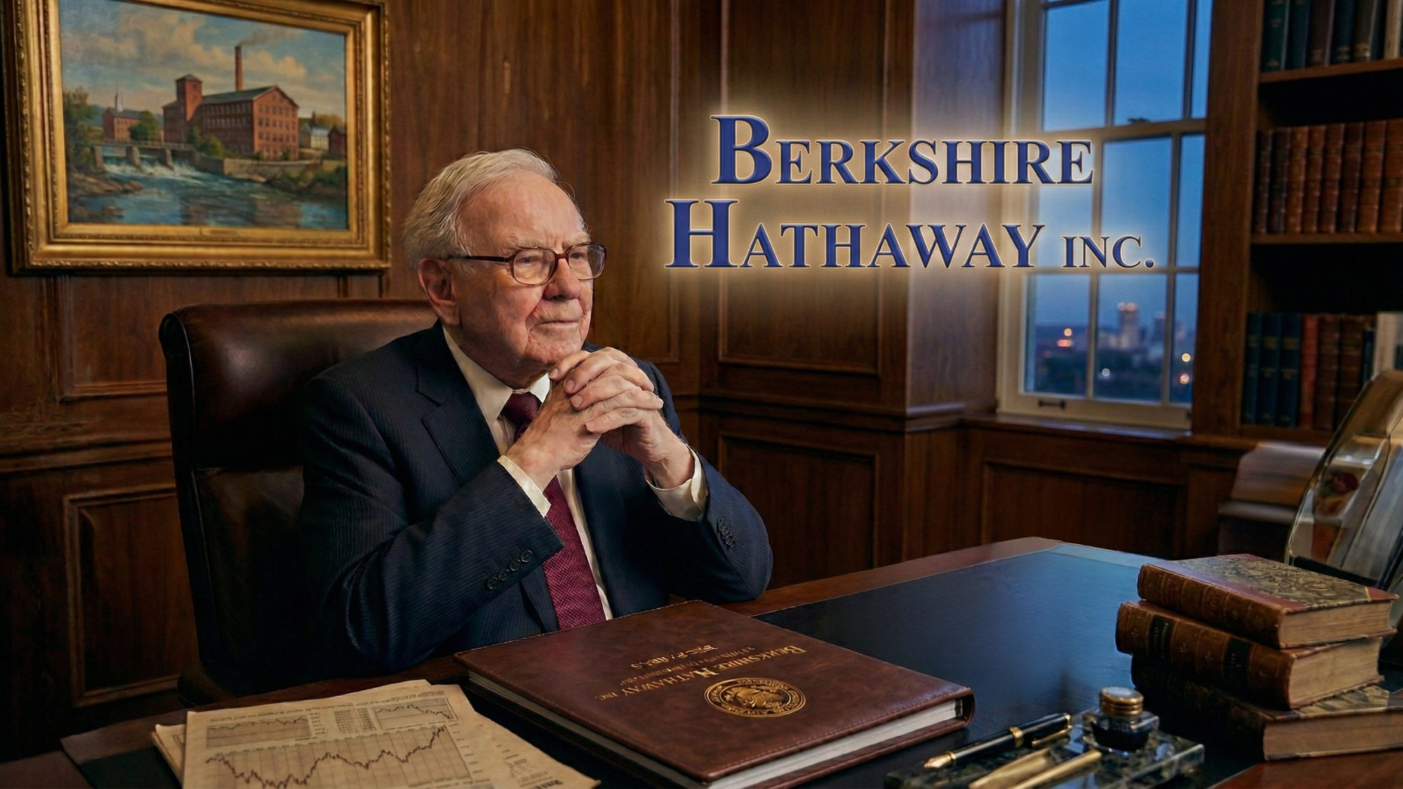 Imaginative depiction of Warren Buffett seated in an office, with the Berkshire Hathaway logo highlighted in the foreground.