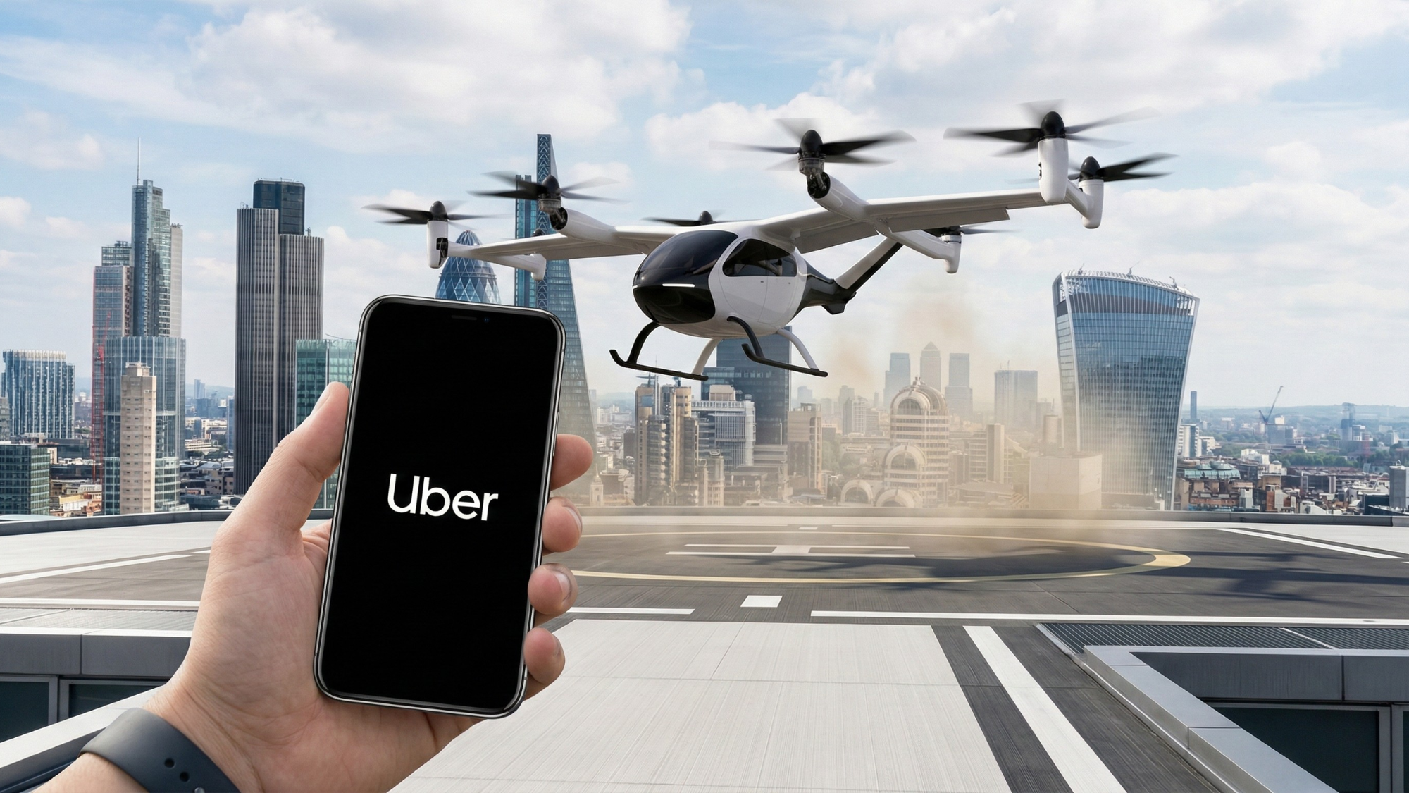A hand holding a smartphone displaying the Uber logo, with an electric eVTOL air taxi hovering above a rooftop helipad against a modern city skyline, illustrating urban air mobility.