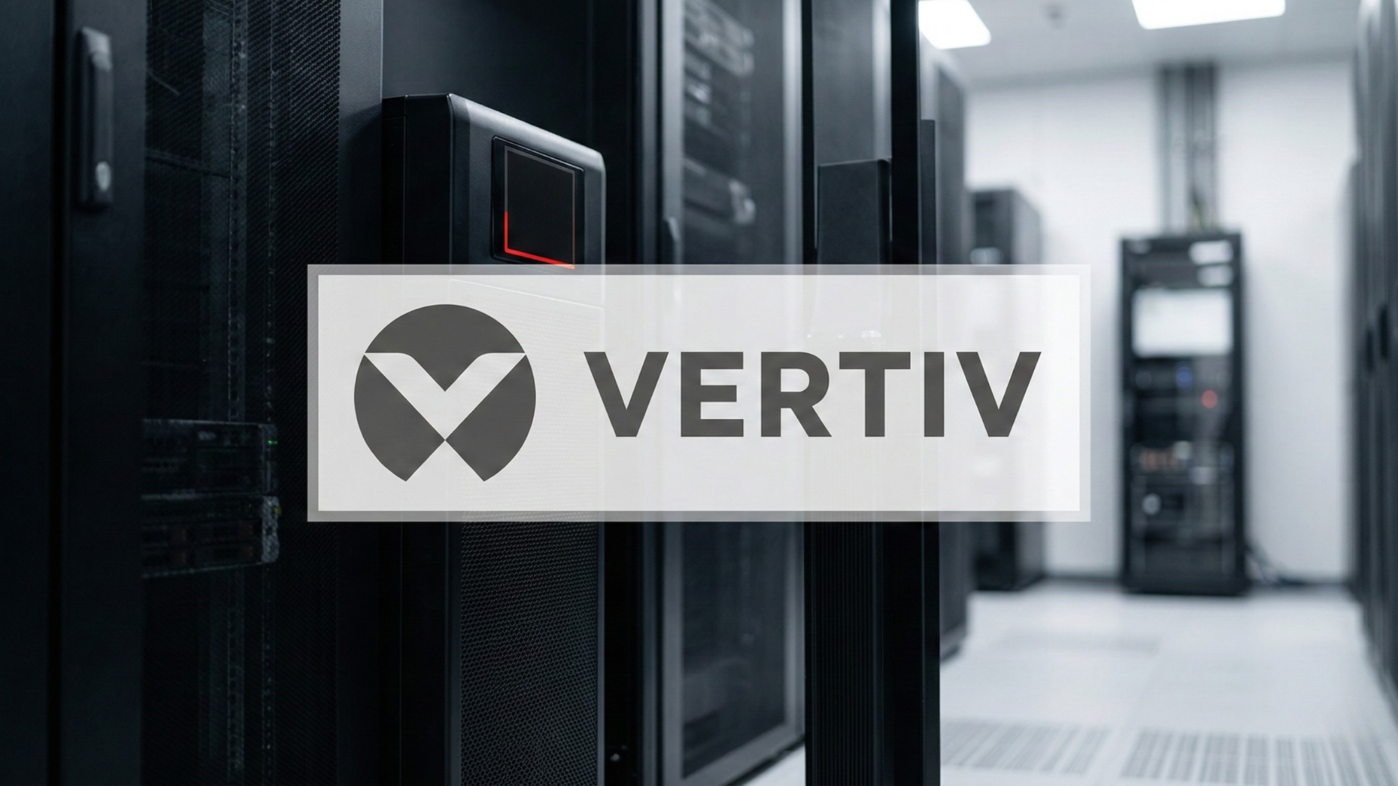 Modern data center corridor with black server racks and a large Vertiv logo overlay, highlighting AI infrastructure and cooling solutions.