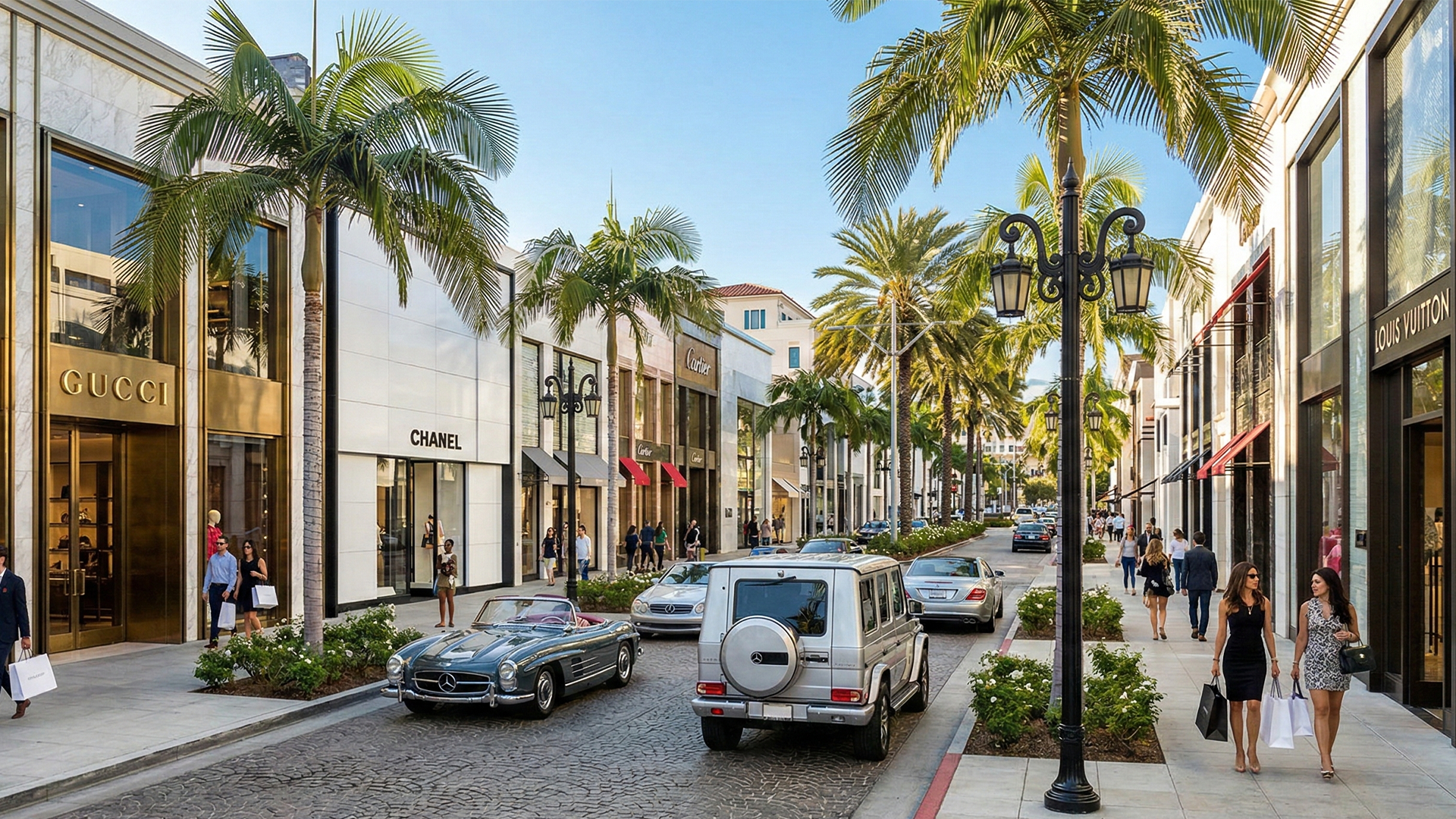 Palm-lined luxury shopping street with designer storefronts like Gucci and Chanel, upscale cars parked along a cobblestone road, and well-dressed pedestrians carrying shopping bags in bright daytime sunlight.