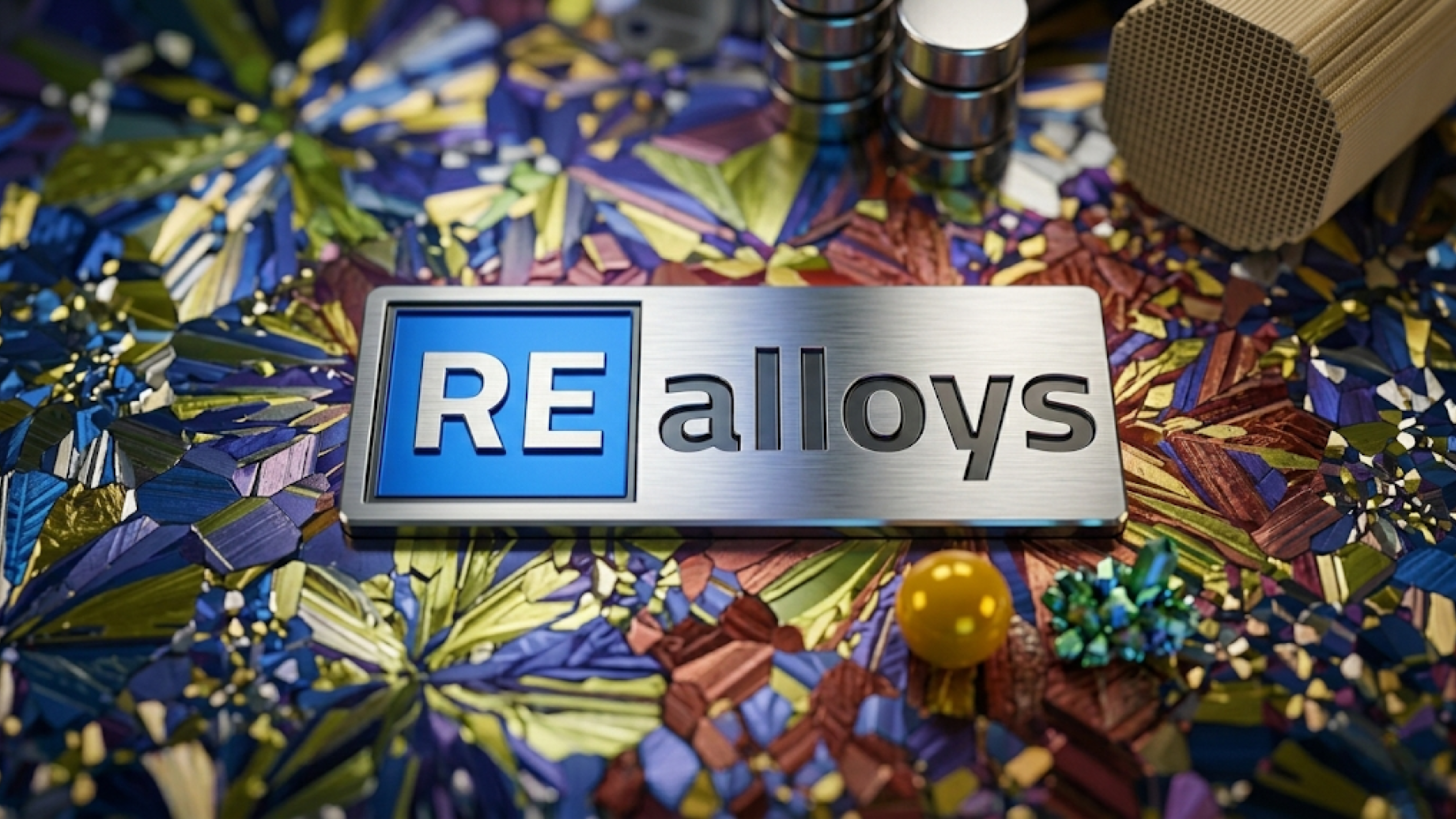REalloys logo on metallic plaque amid mineral samples.