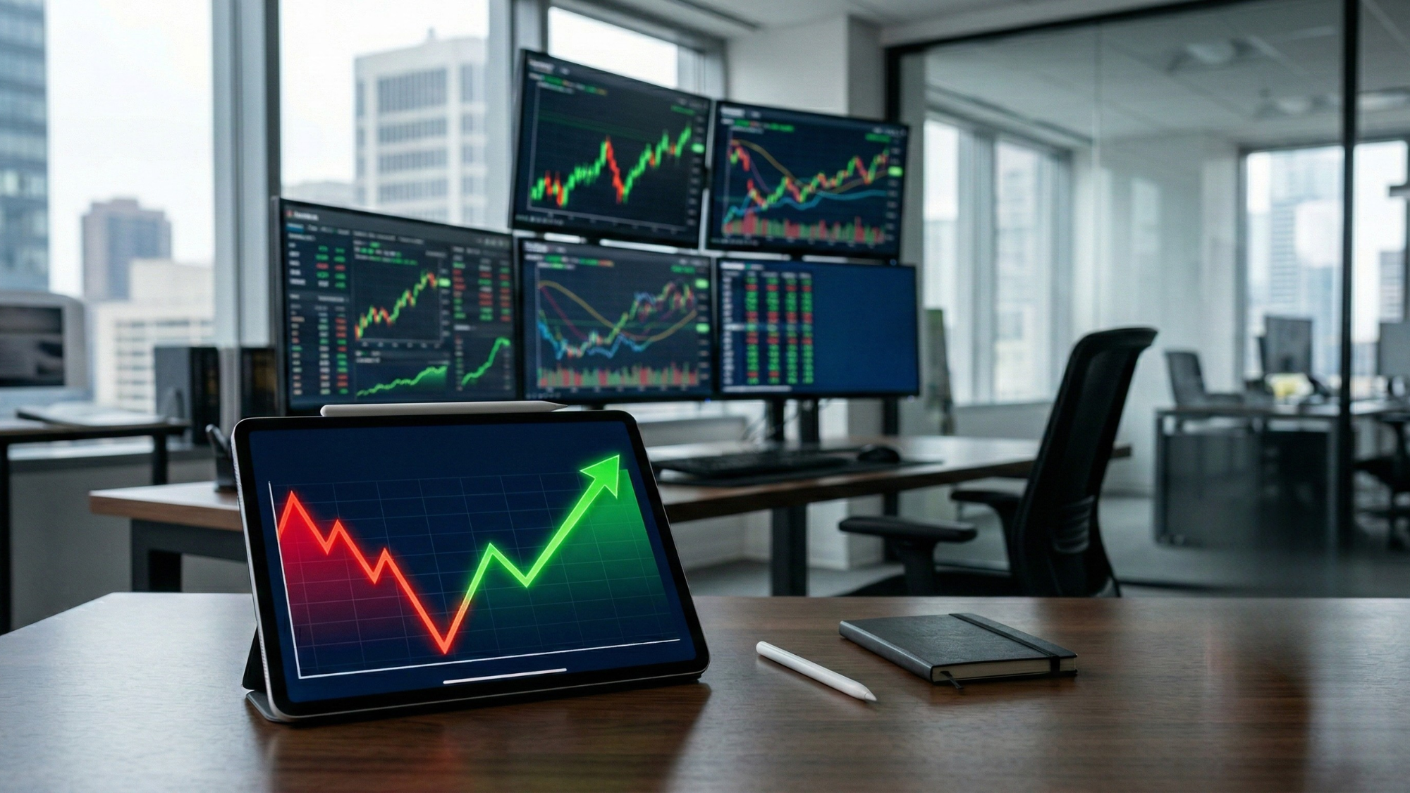 Modern trading desk with multiple monitors showing rising stock charts and a tablet in the foreground displaying a sharp market rebound, symbolizing a software stock recovery.