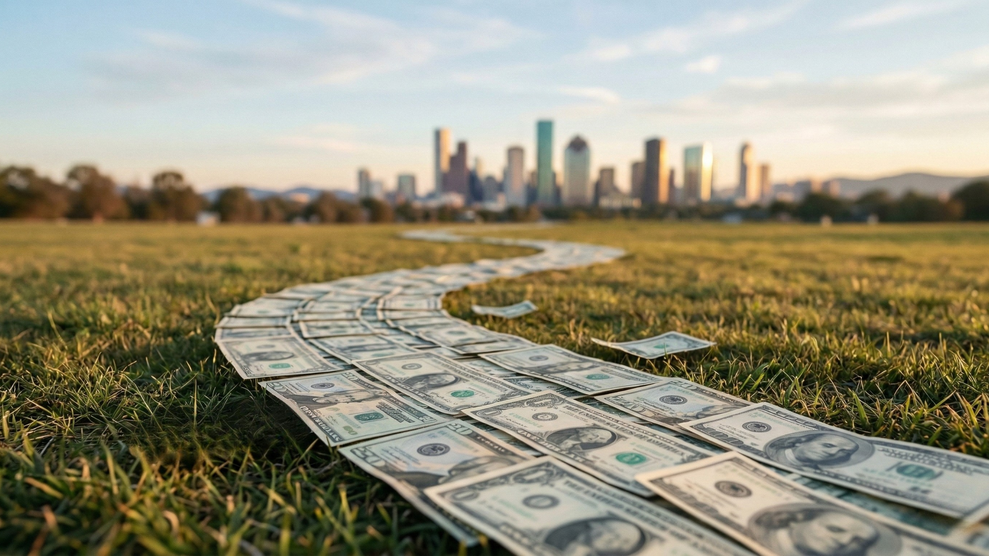 A winding path of U.S. dollar bills leading toward a city skyline, symbolizing strong free cash flow and financial growth.