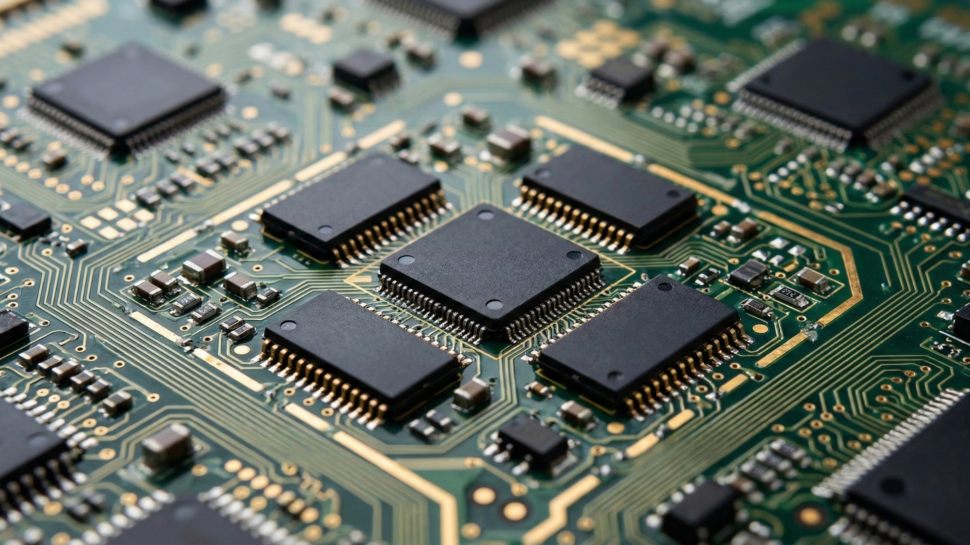 Close-up of multiple black semiconductor chips mounted on a green printed circuit board, highlighting the semiconductor industry and chip technology.