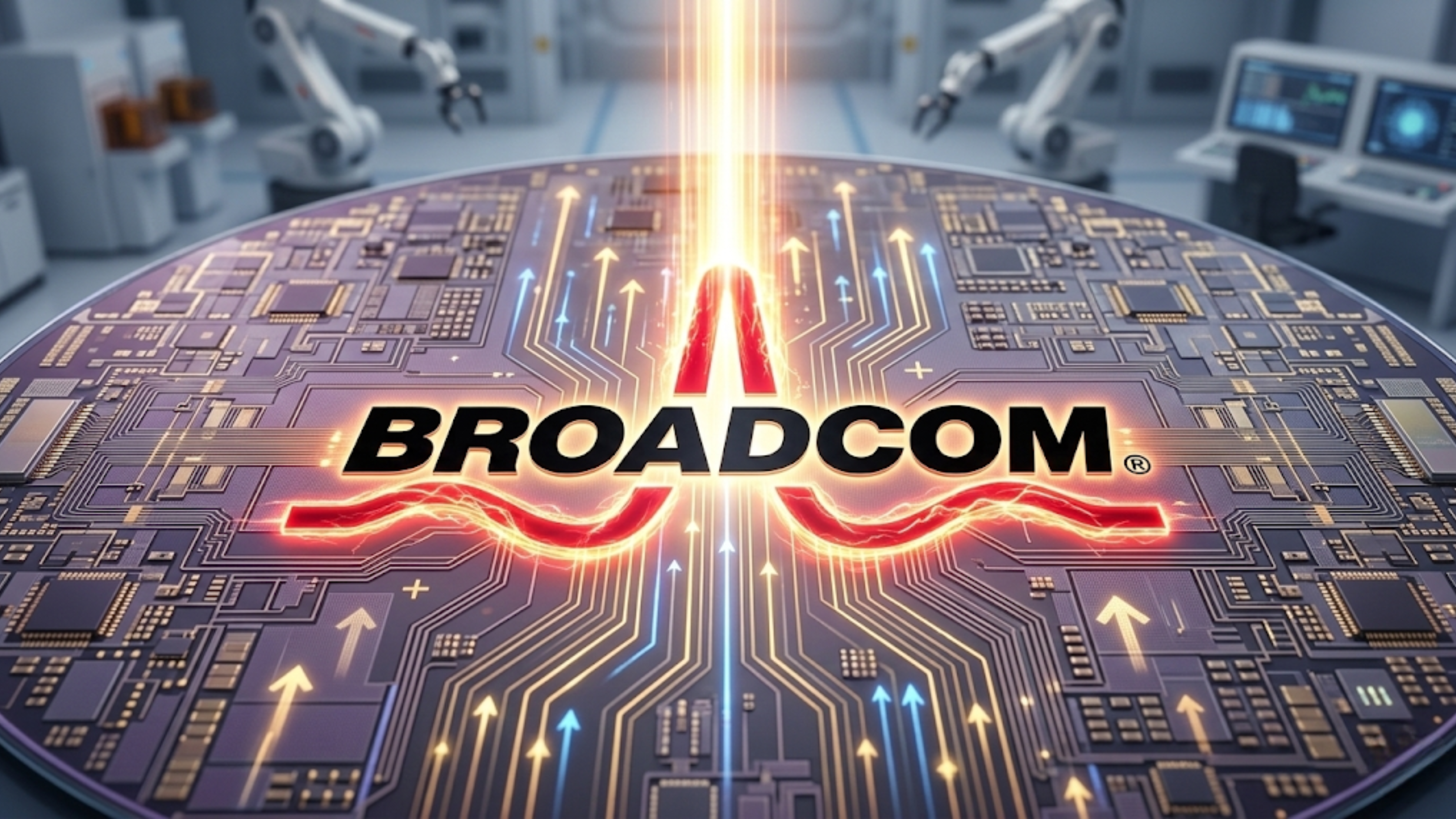 Broadcom logo over a stylized circuit board with data arrows.