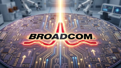 Broadcom logo over a stylized circuit board with data arrows.