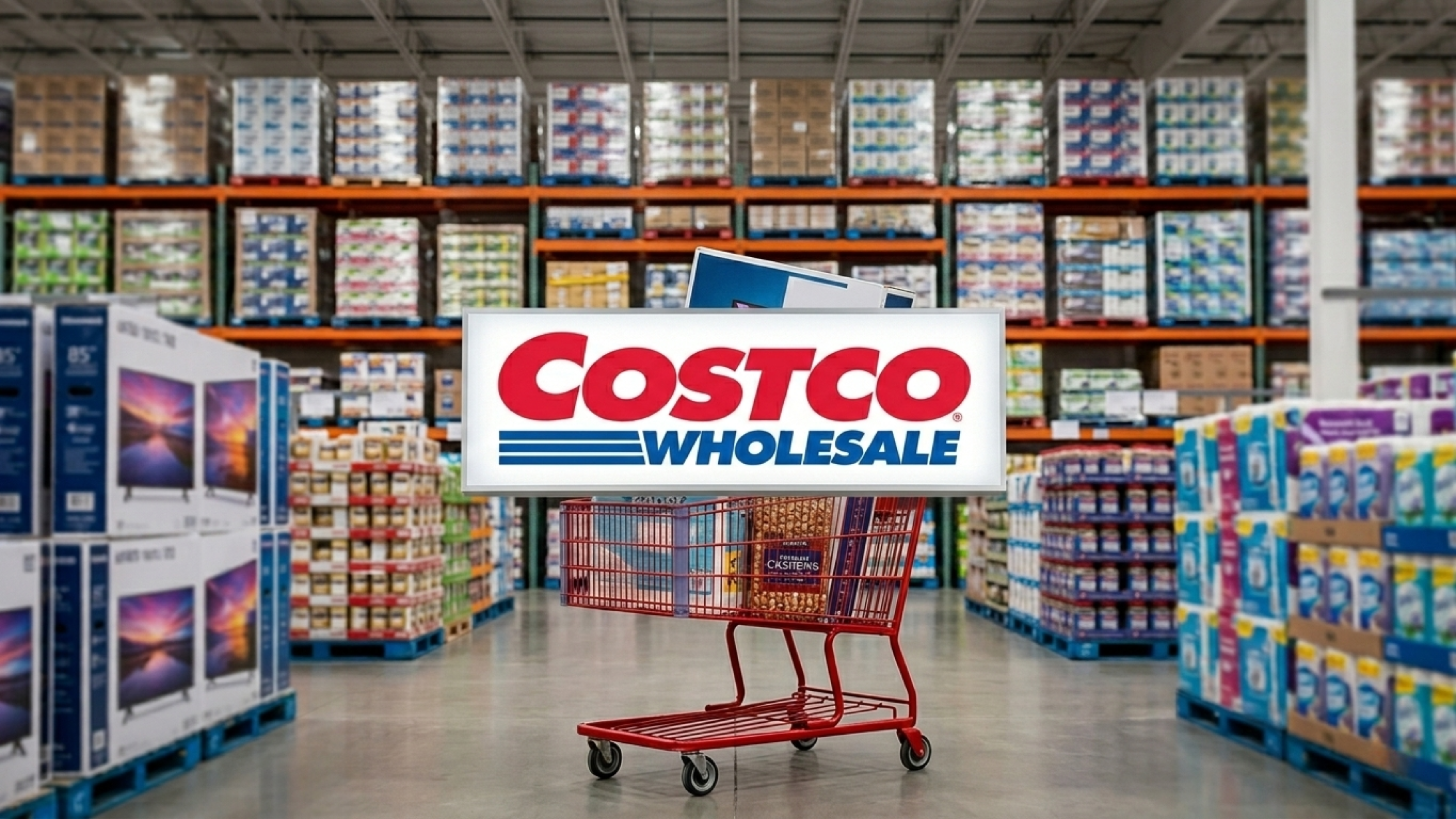 Costco Wholesale logo over a warehouse store aisle with a shopping cart.