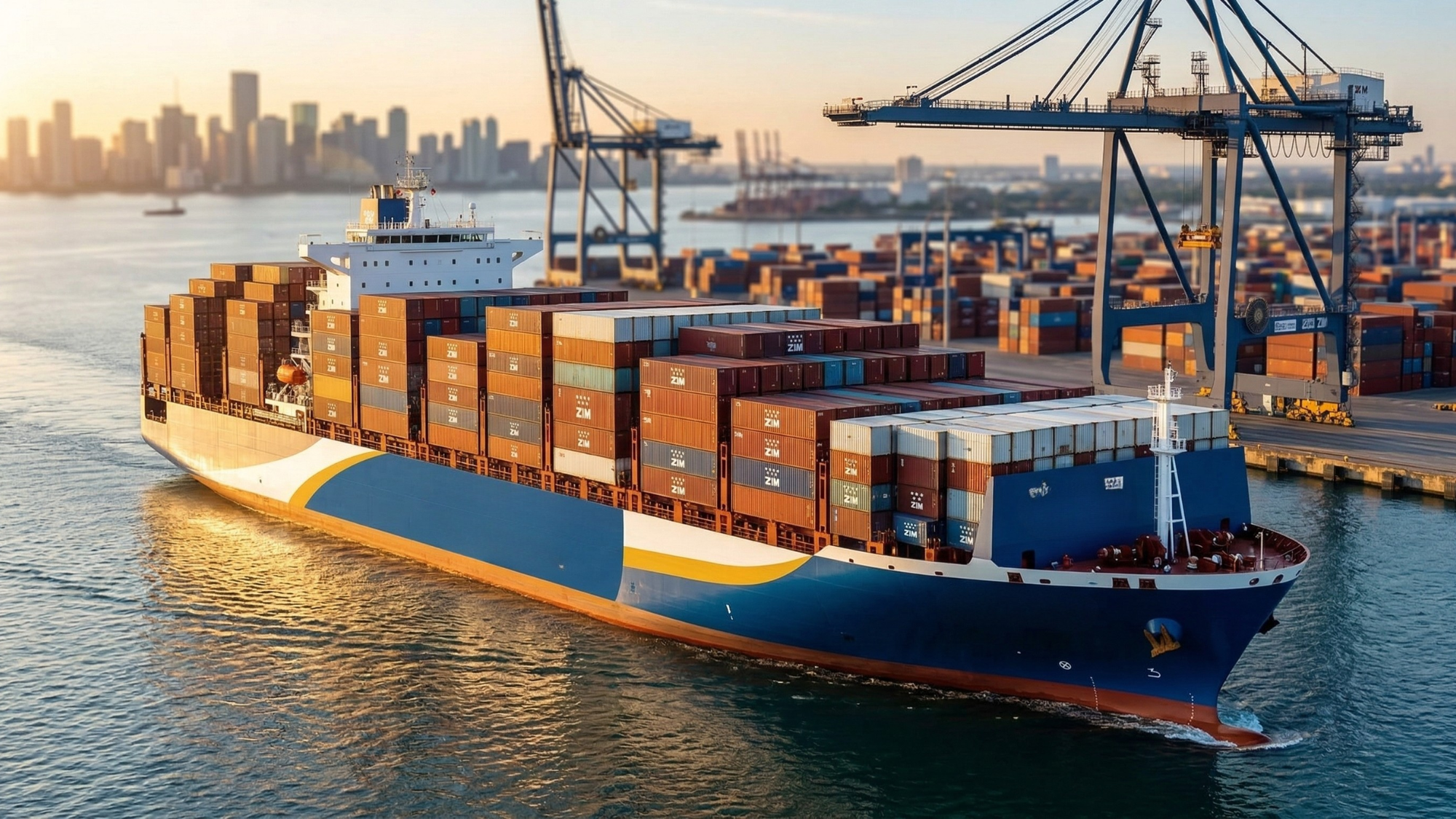ZIM container ship loaded with cargo containers leaving port terminal, reflecting global container shipping industry.