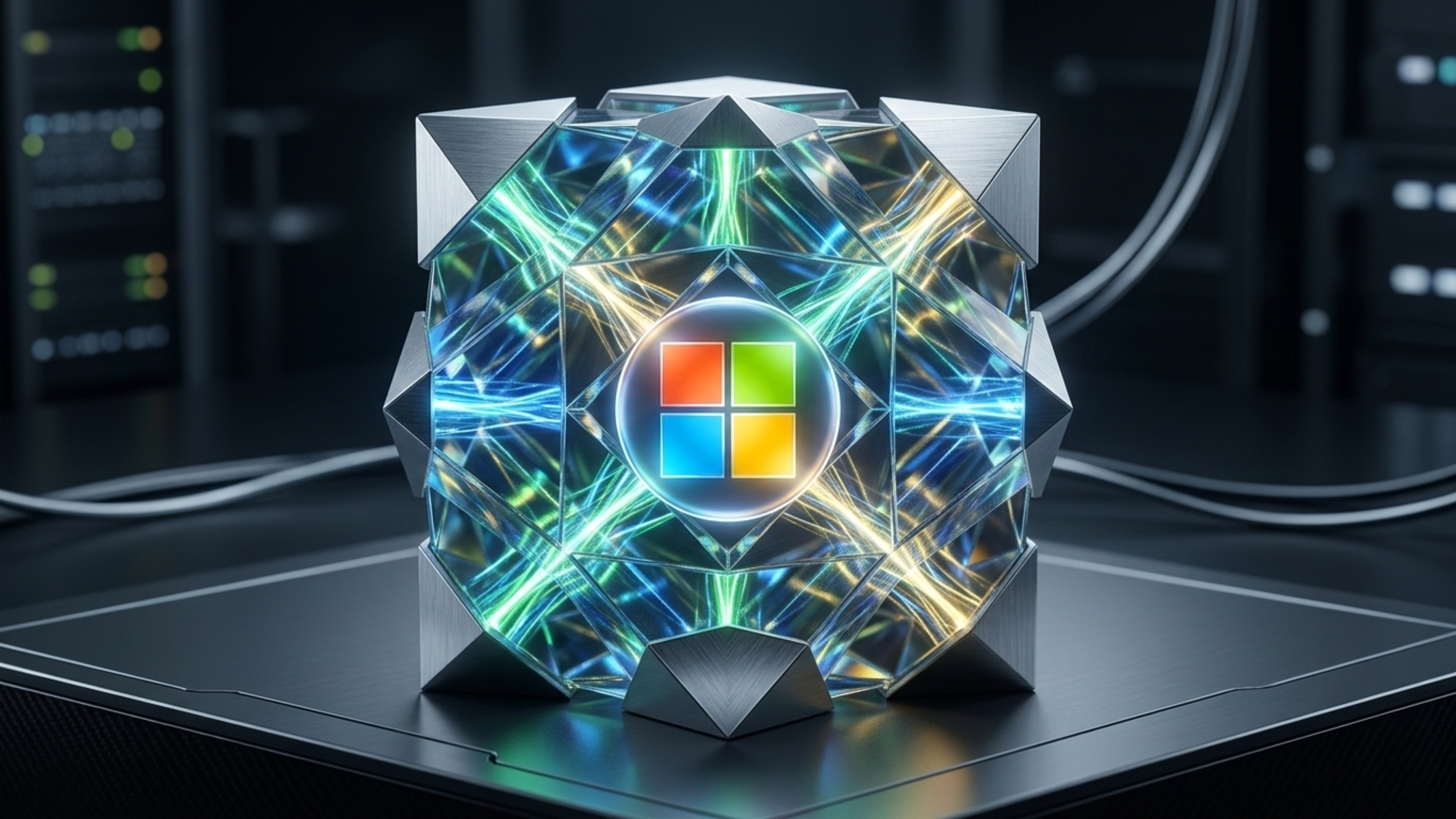 Microsoft logo in faceted glass sphere in data center.