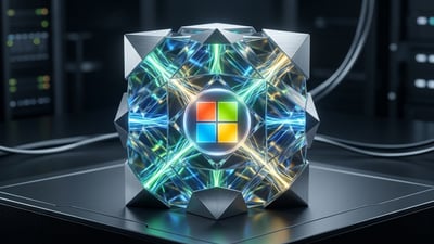 Microsoft logo in faceted glass sphere in data center.
