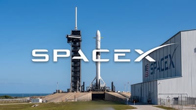 SpaceX rocket on coastal launch pad with large SpaceX branding, illustrating SpaceX ahead of its anticipated IPO.