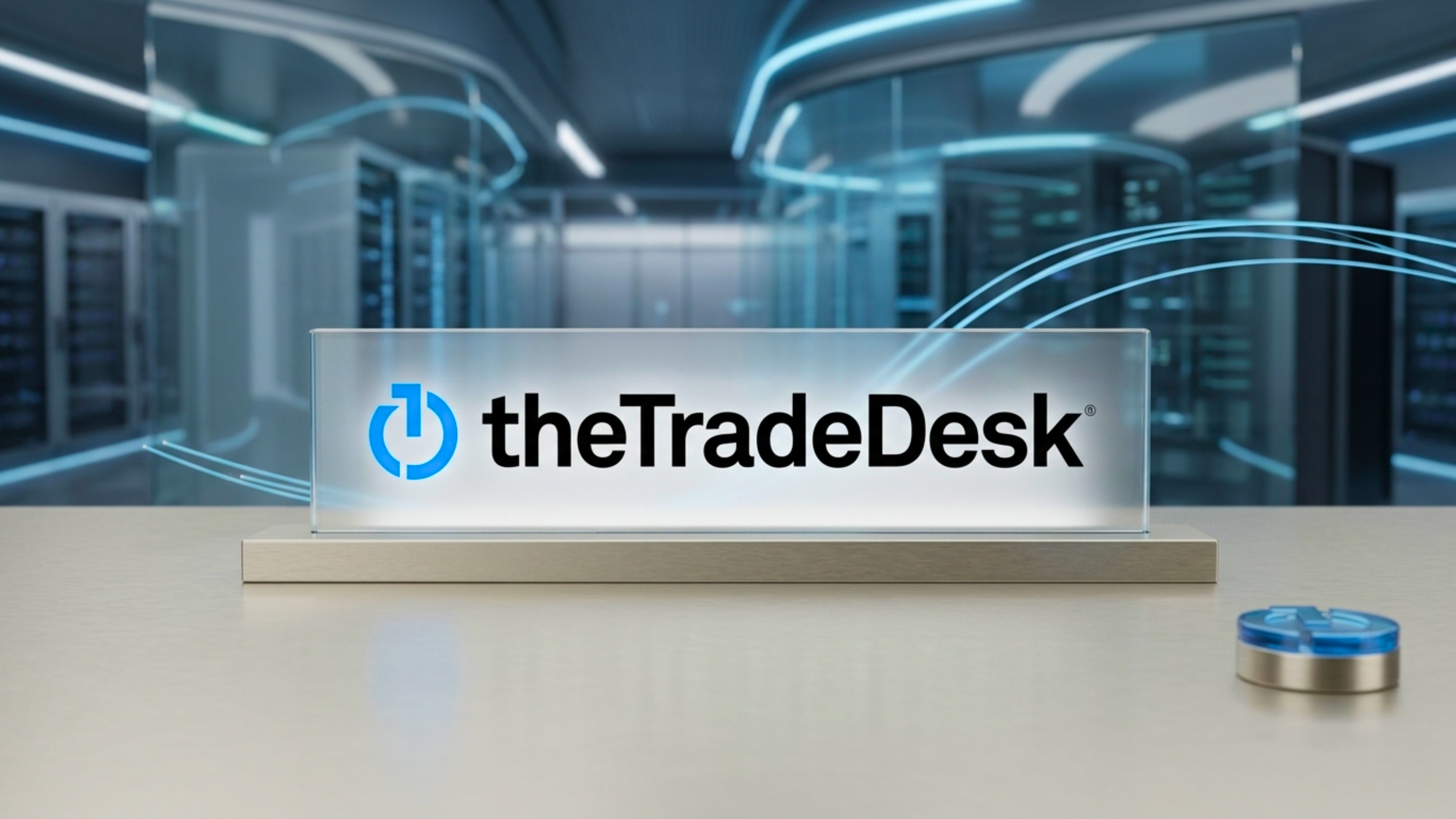 theTradeDesk logo on glass plaque in a server room.