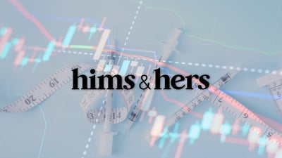 Hims & Hers logo overlaid on medical syringes, measuring tape, and financial charts symbolizing telehealth weight-loss market growth.