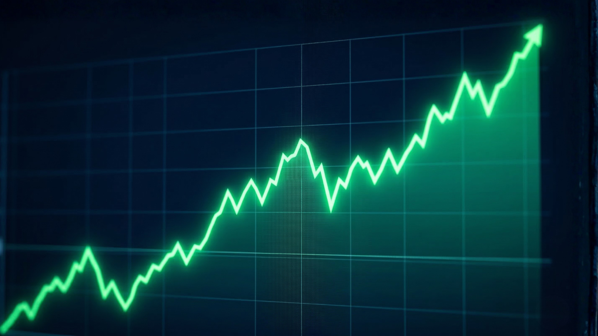 Glowing green stock chart trending sharply upward on a digital screen, symbolizing strong long-term gains from healthcare megatrend stocks like Eli Lilly.