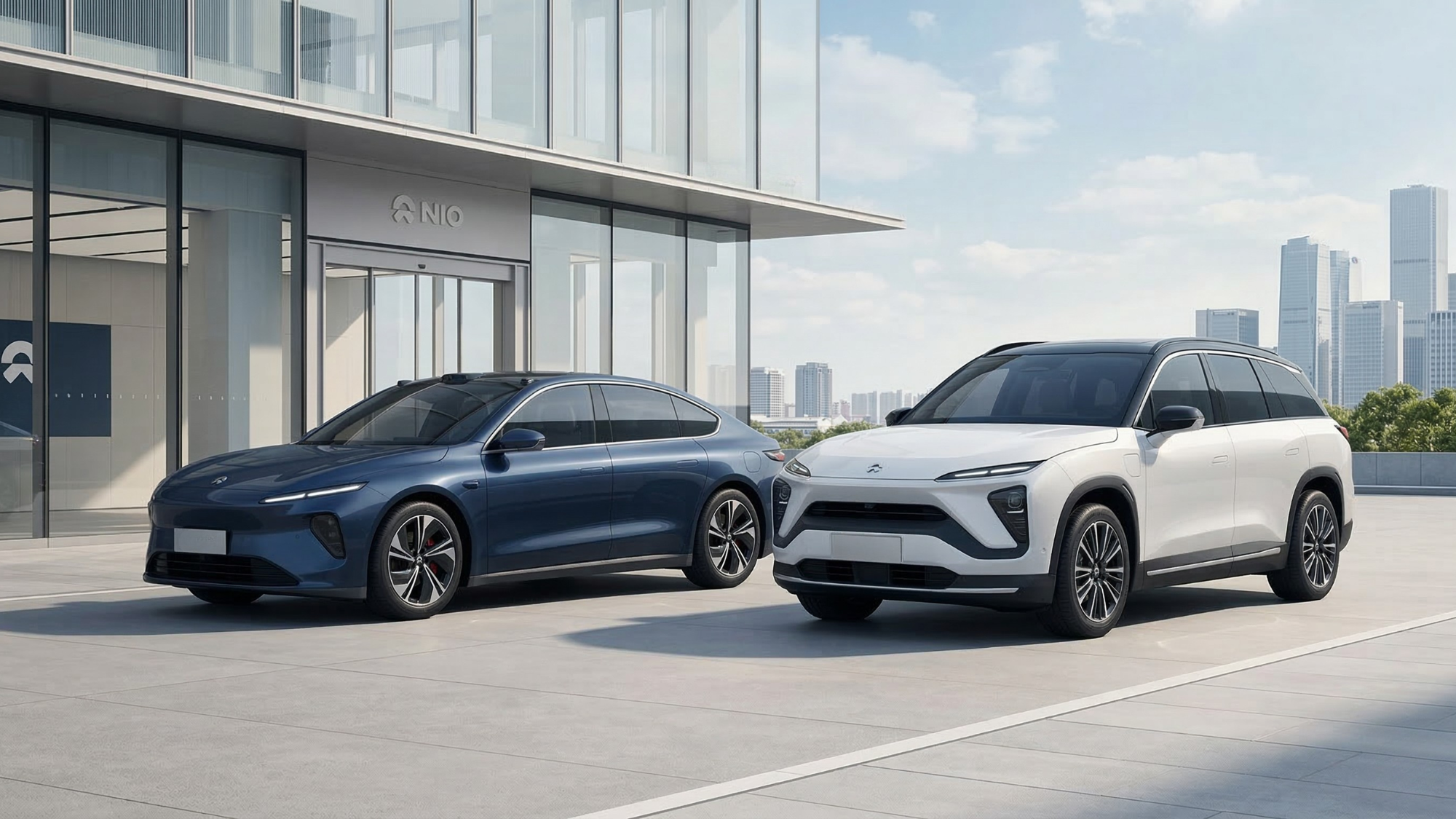 NIO electric sedan and SUV parked outside a modern NIO showroom, highlighting the premium Chinese EV brand.