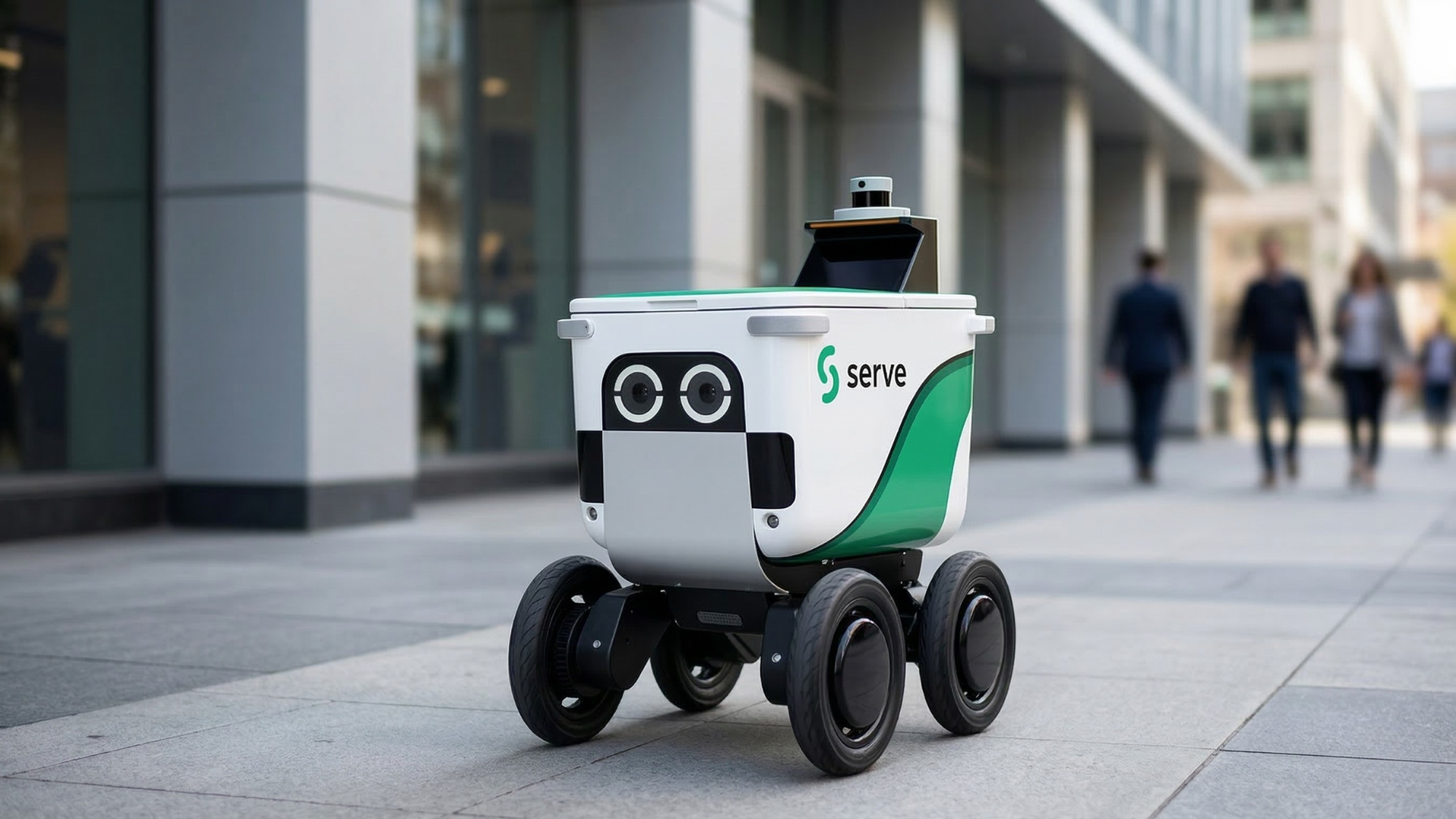 Autonomous SERV Robotics delivery robot traveling on a modern city sidewalk, illustrating the growth of delivery robotics technology.