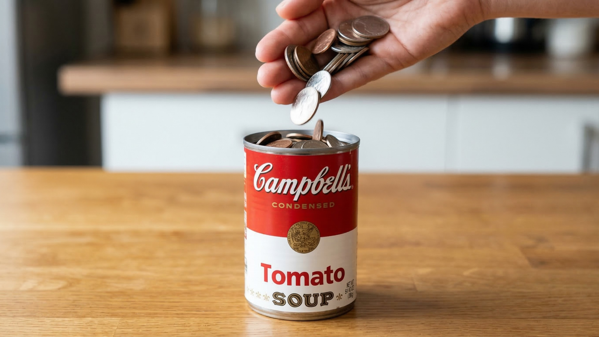 Hand dropping coins into a Campbell’s Tomato Soup can, symbolizing CPB stock as a potential income investment.