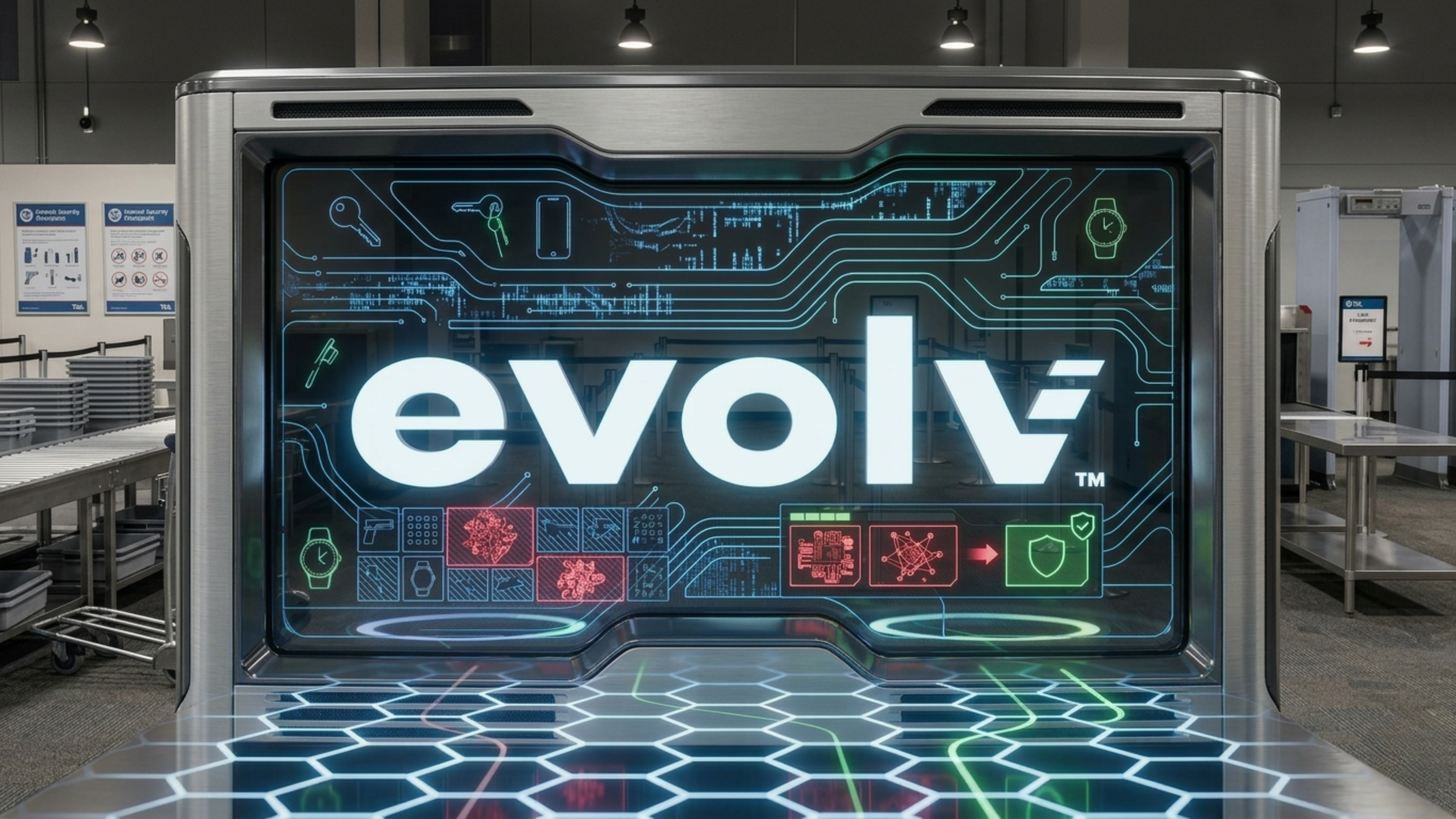 Evolv logo on airport security screening display.