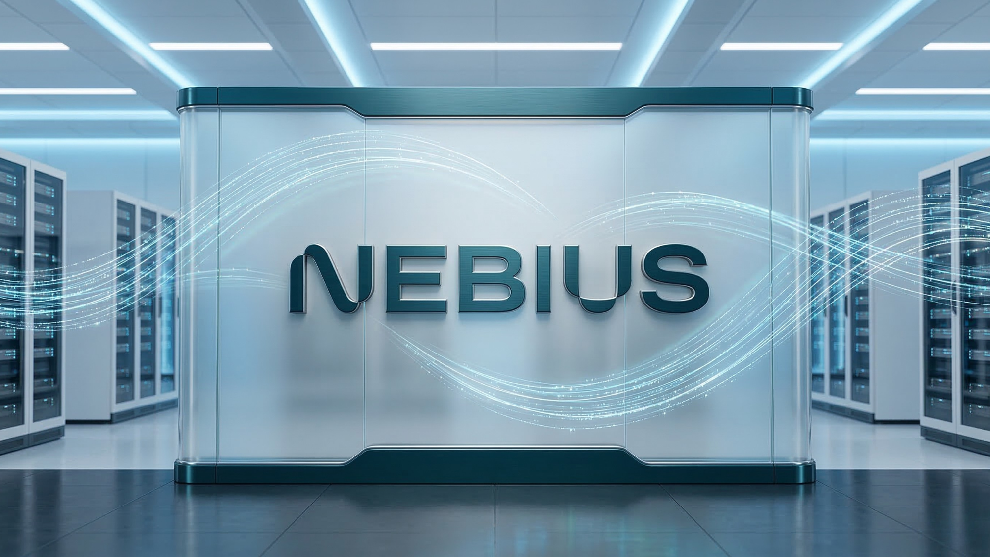 Modern AI data center interior with rows of high-performance servers and a central glass panel displaying the Nebius brand, representing AI cloud infrastructure and computing power.