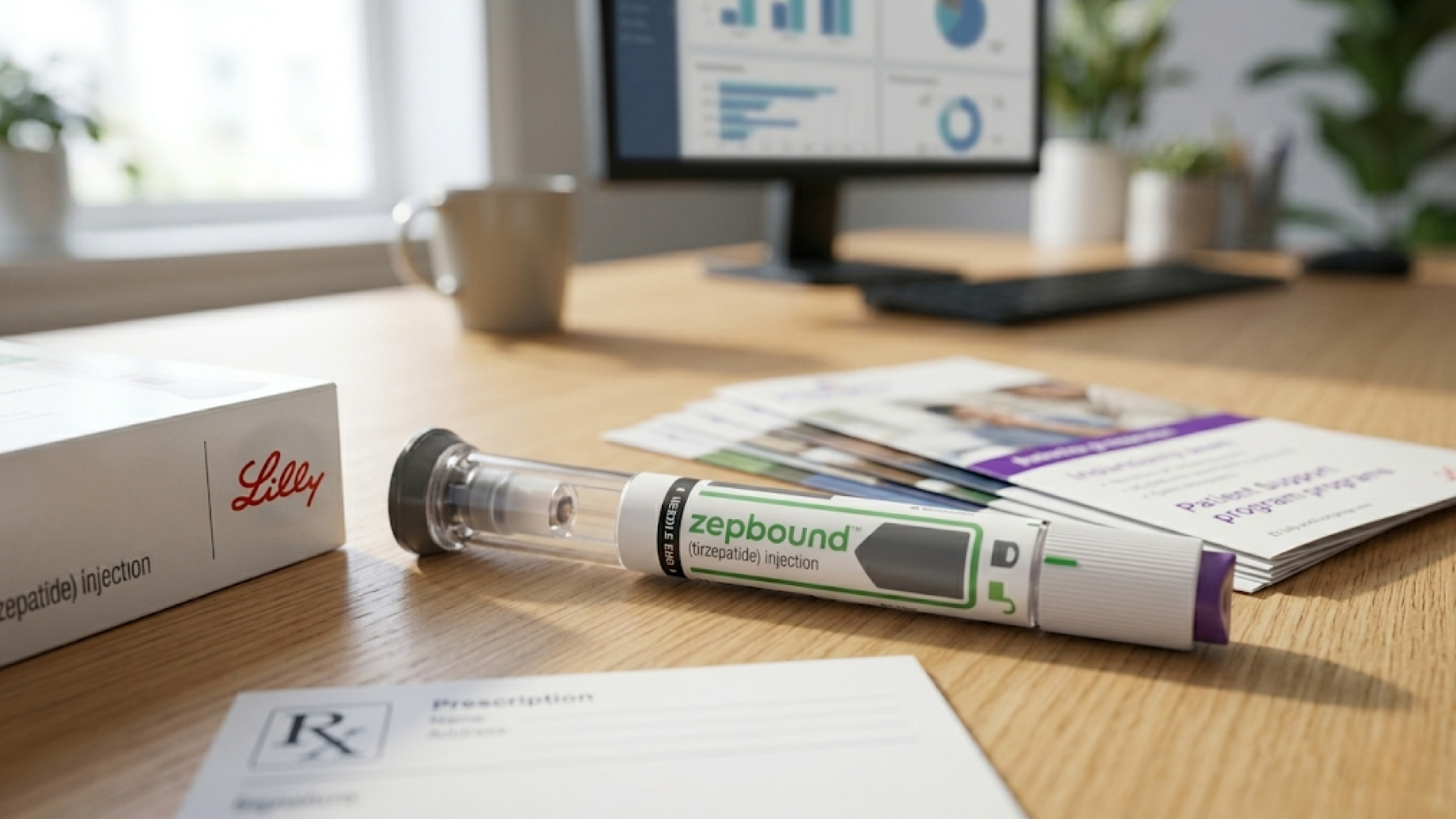 Eli Lilly Zepbound injection pen on desk.