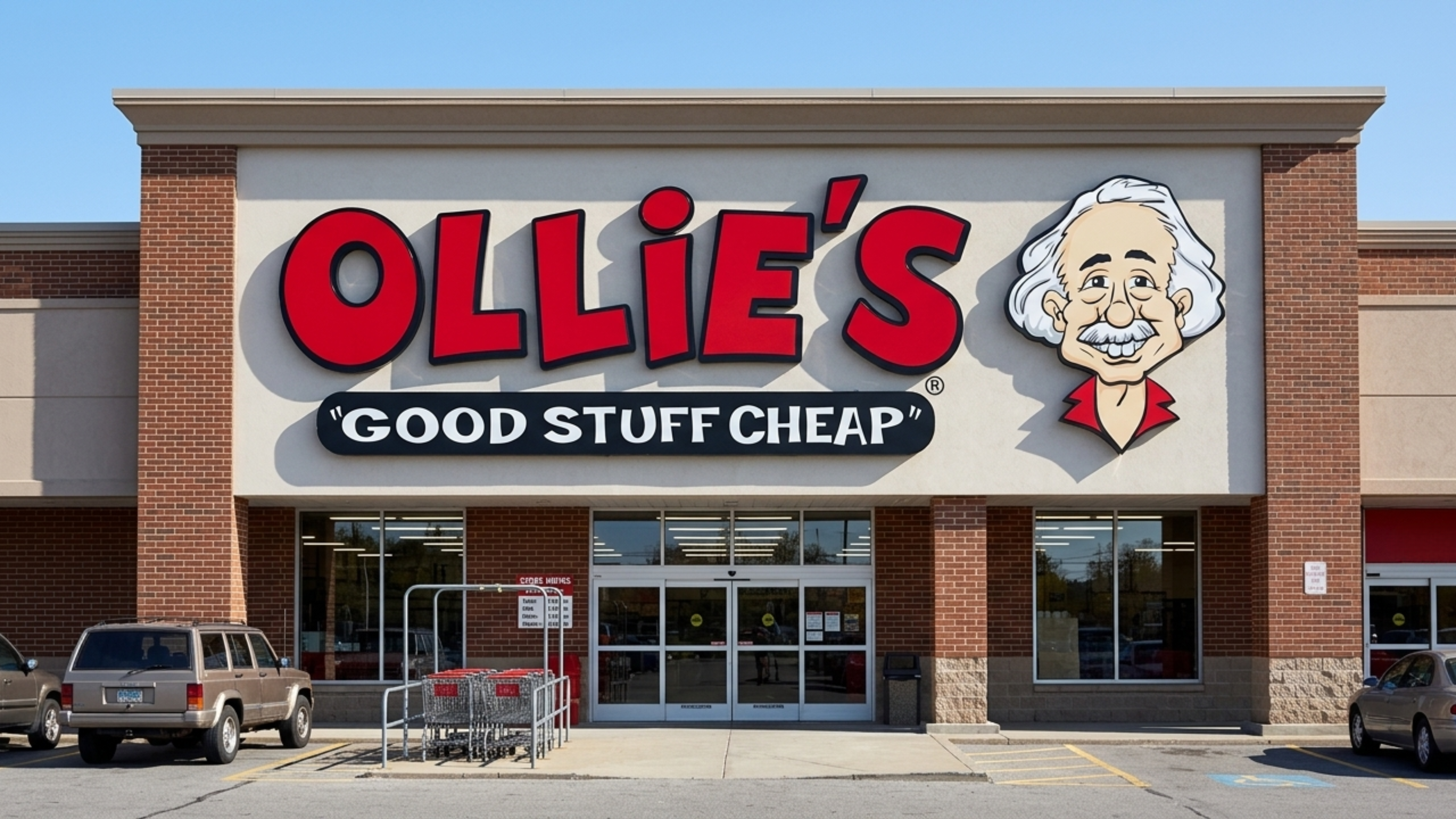 Ollie’s Bargain Outlet storefront with “Good Stuff Cheap” sign.