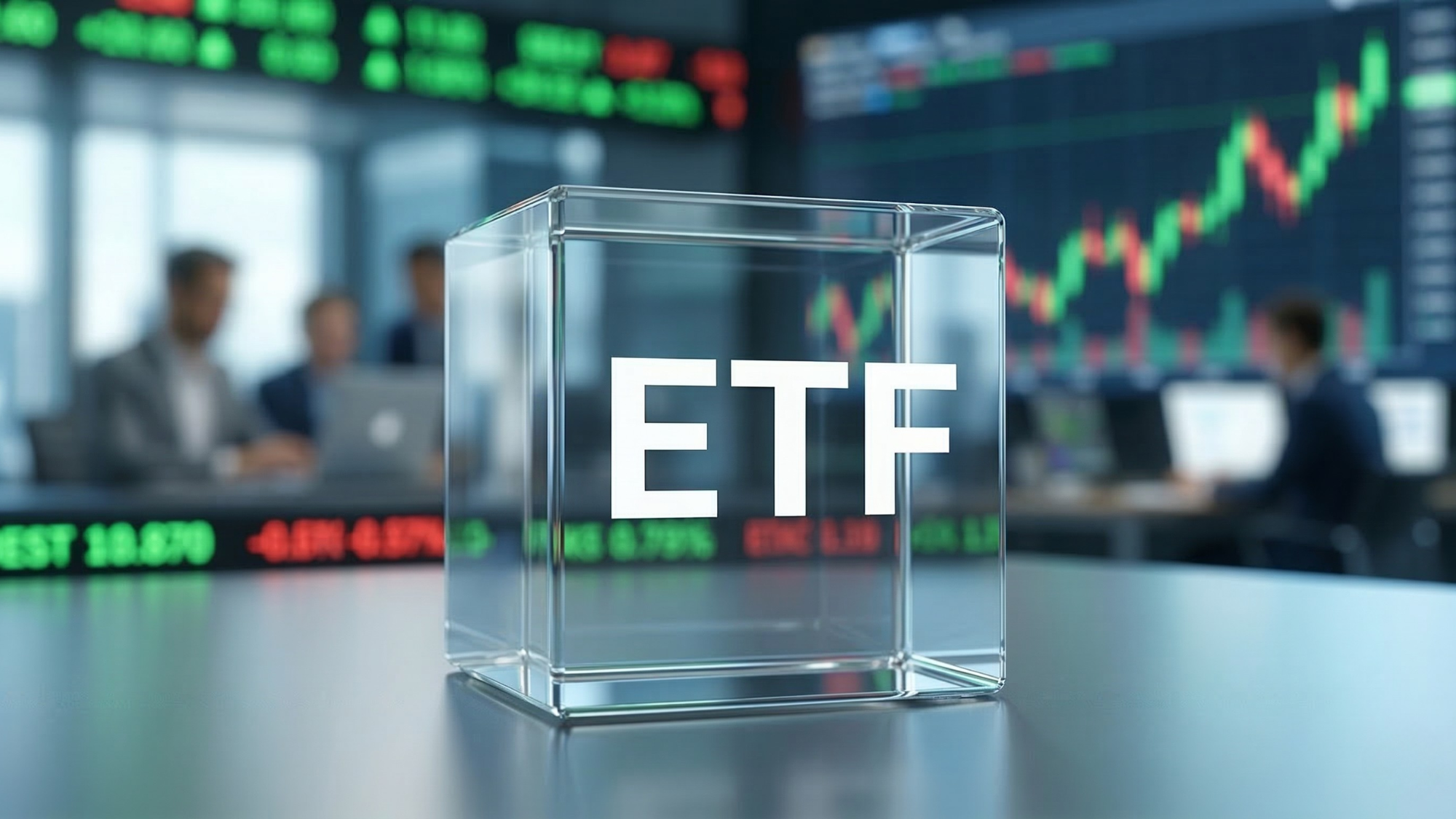 Glass cube labeled ETF on trading desk with stock charts, symbolizing equal-weight ETF strategy