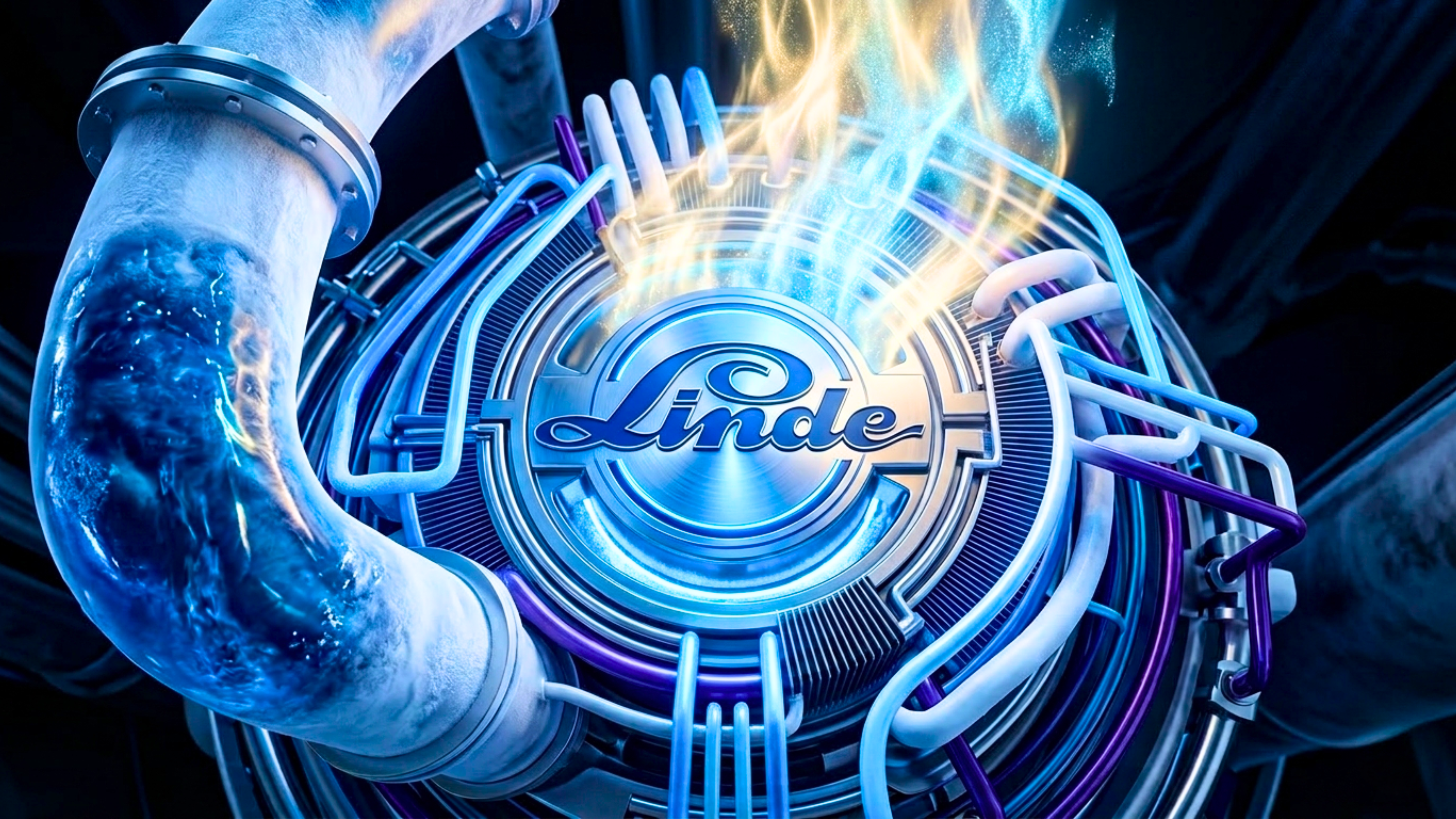 Linde logo on cryogenic piping for helium and LNG.