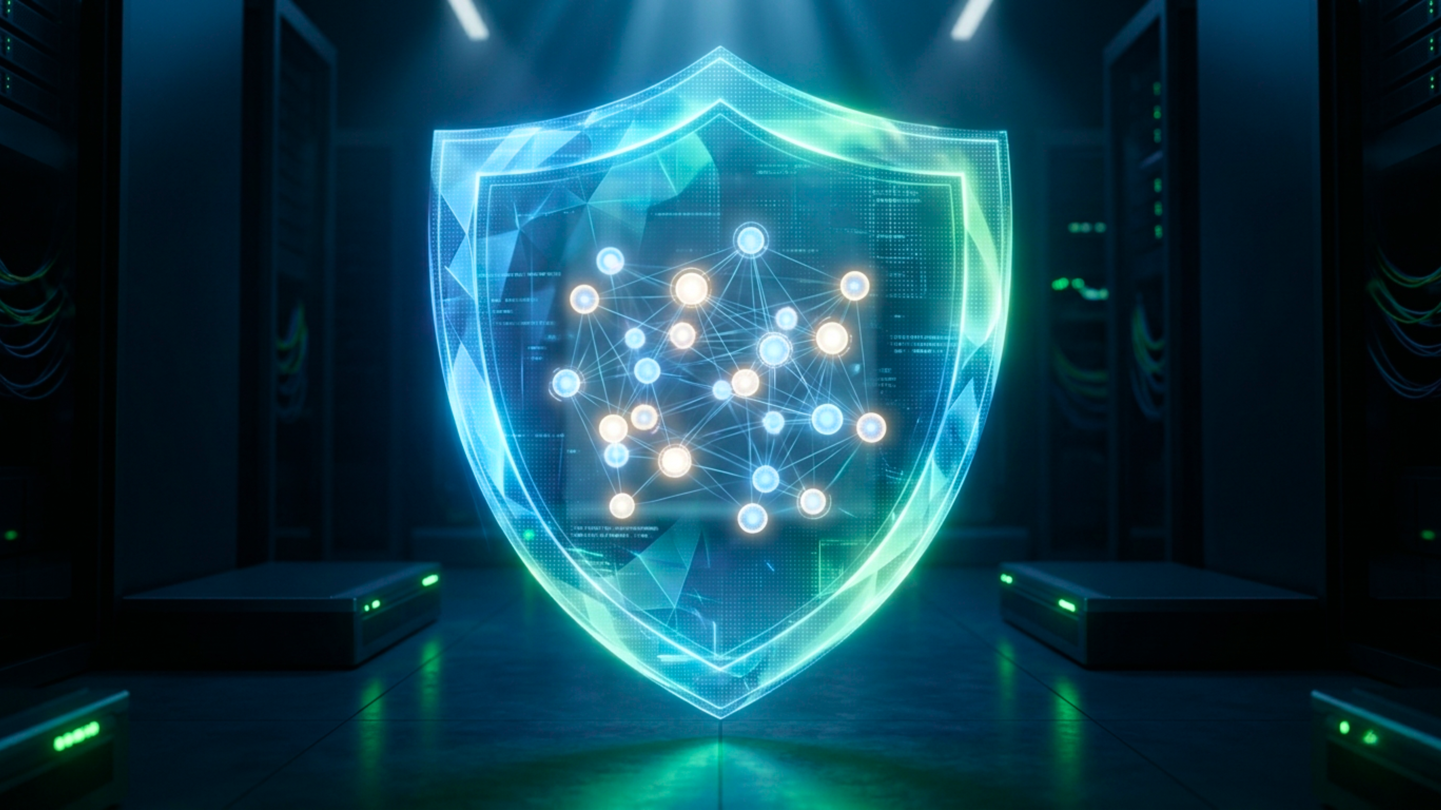 Cybersecurity shield with connected network nodes in a server room.