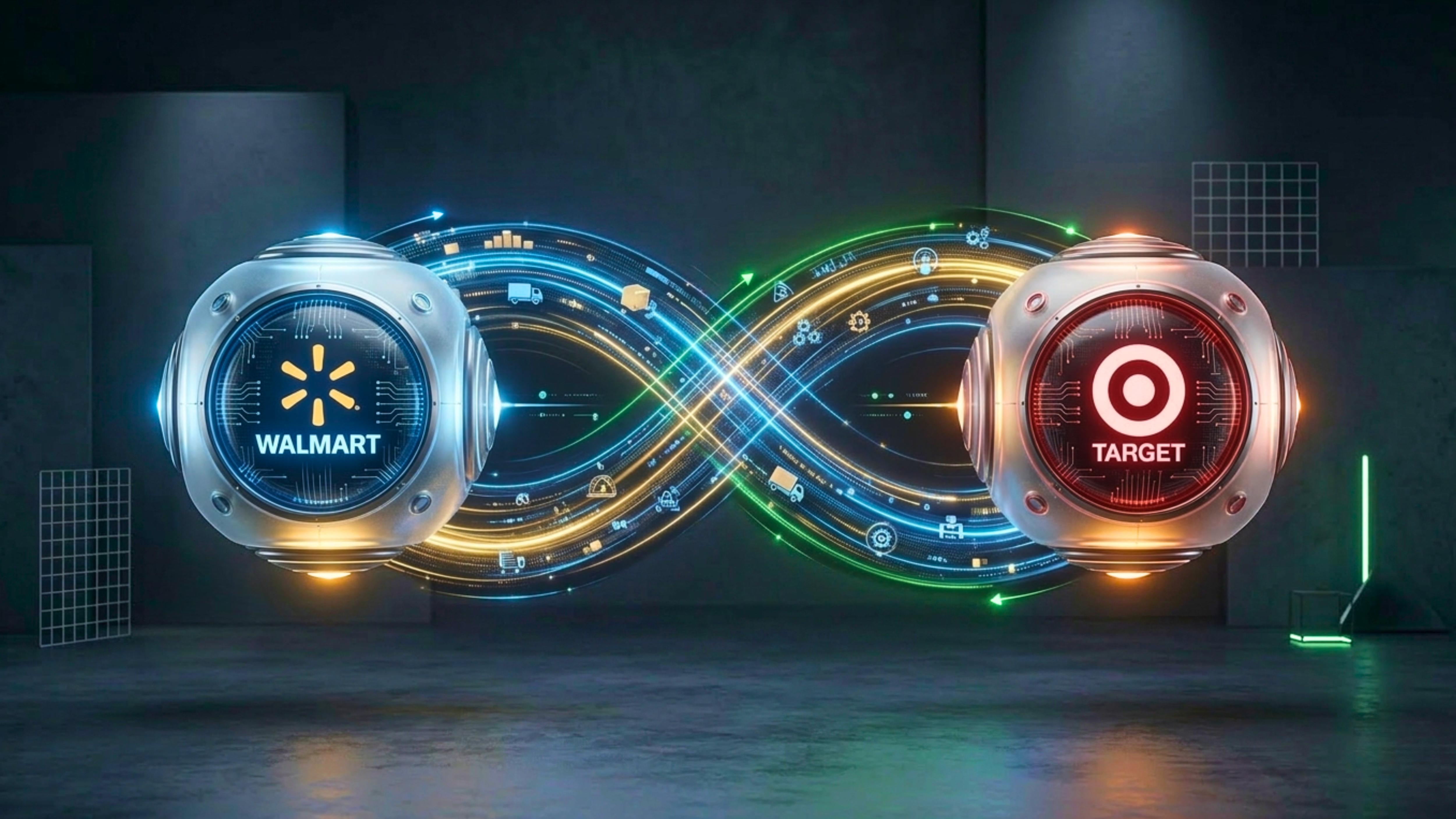 Walmart and Target logos linked by digital supply-chain graphics.