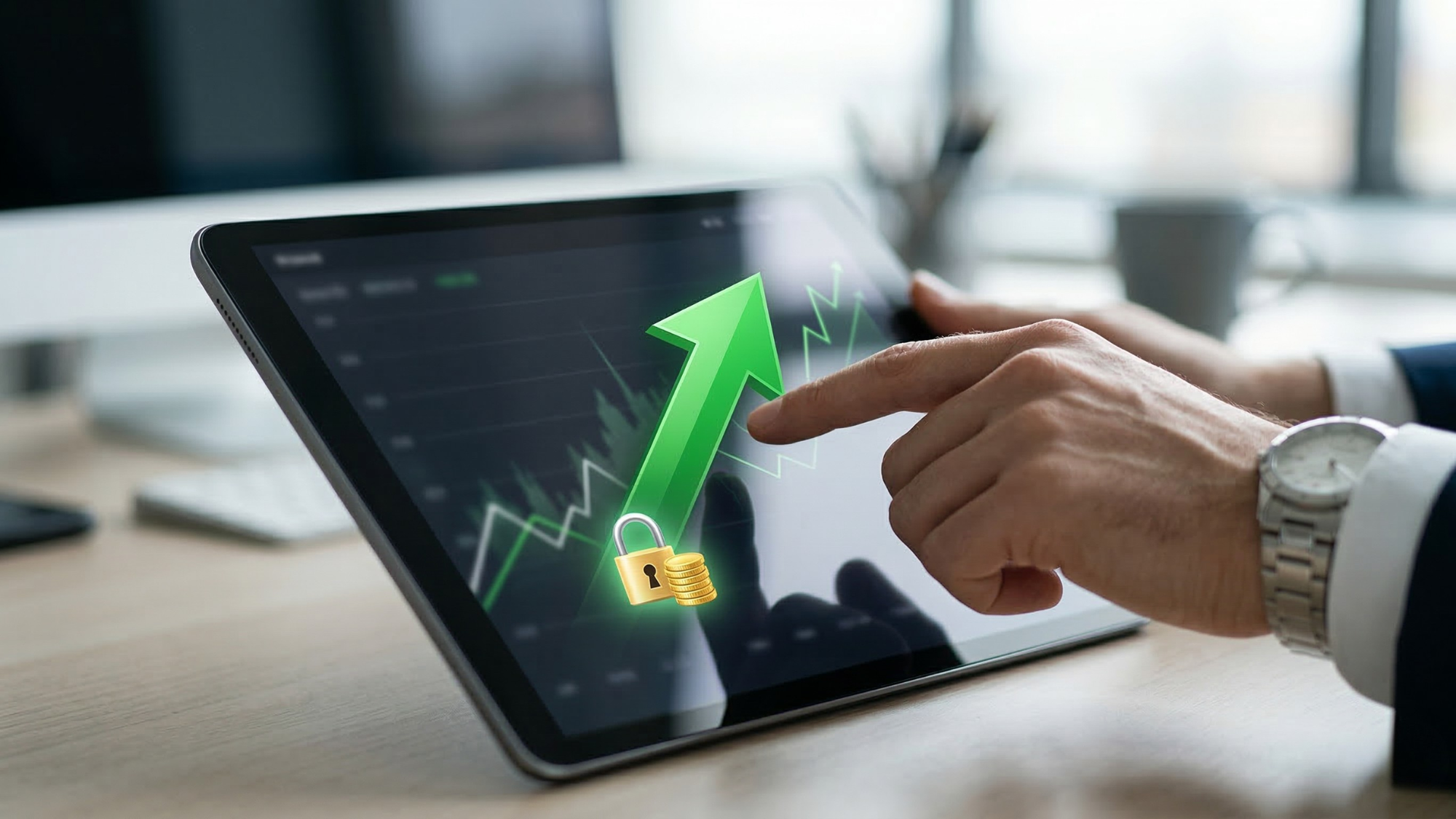 Investor using tablet with rising stock chart and green arrow, symbolizing call option strategy to profit from bullish market trends