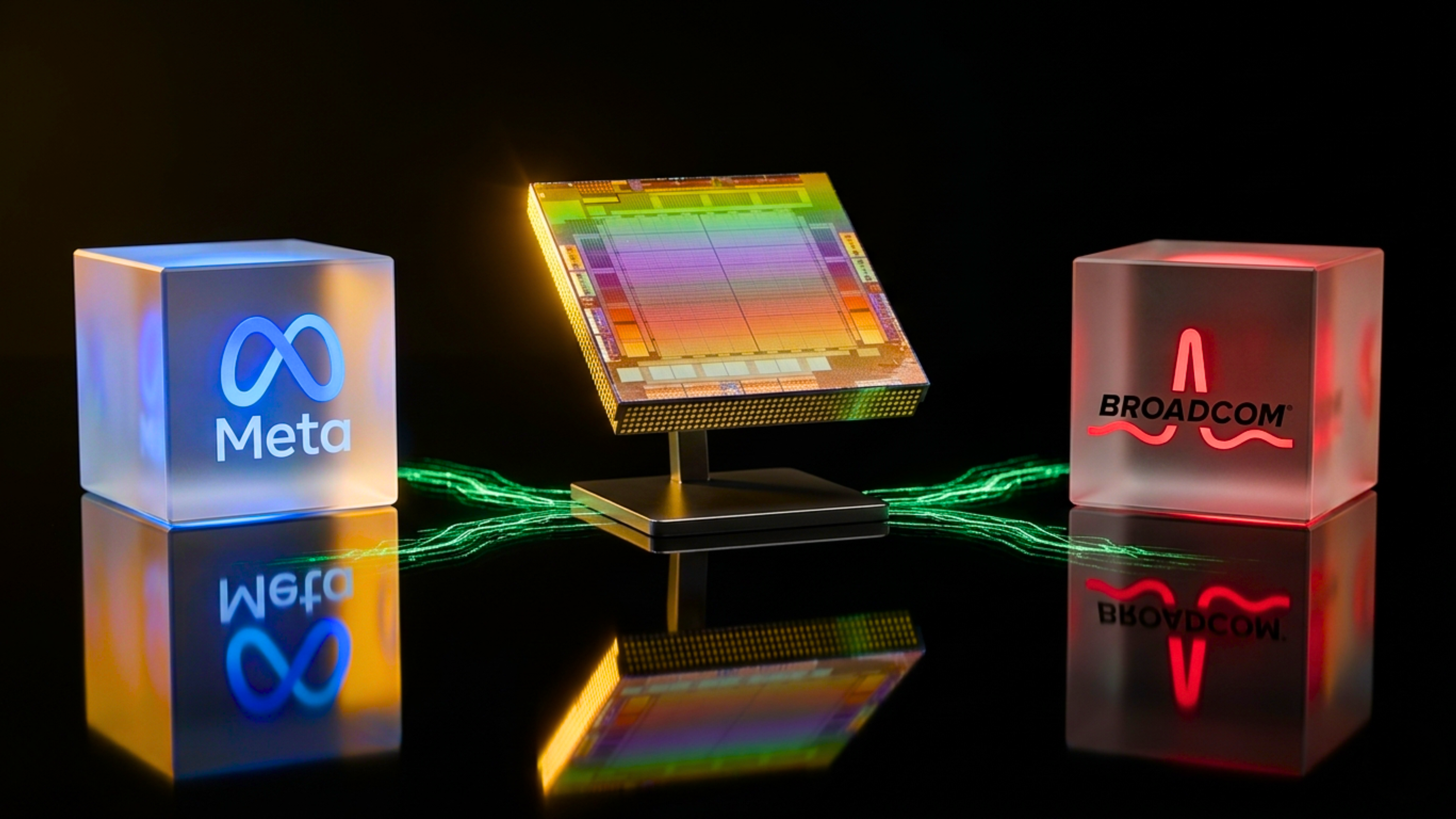 Meta and Broadcom logos flank an MTIA chip.