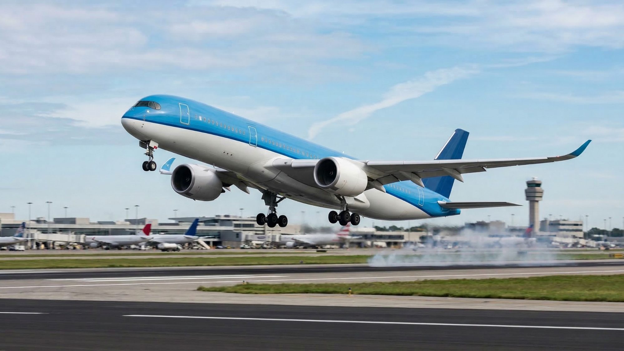 Commercial passenger jet taking off from busy airport runway, reflecting strong airline travel demand despite rising costs