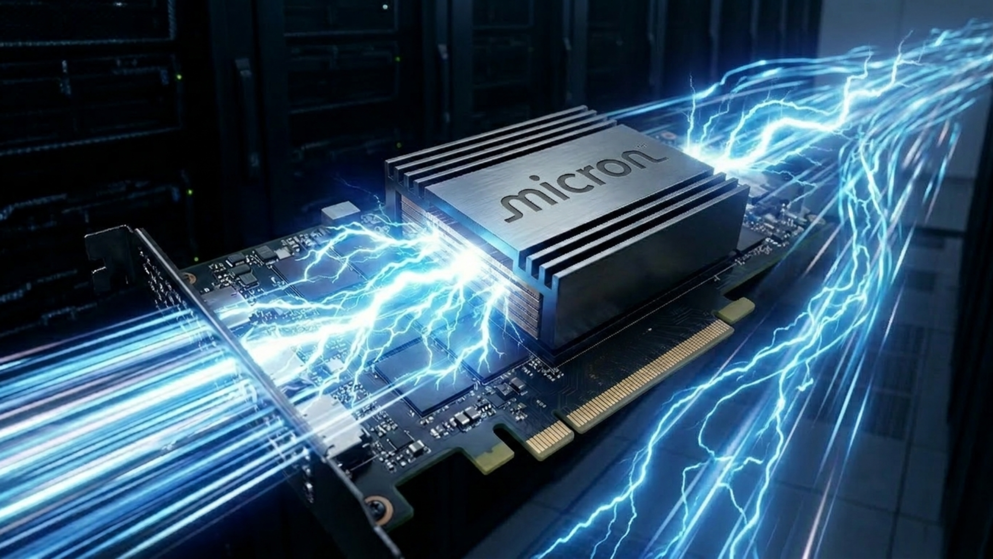 Micron memory chip on server board with electric currents, reflecting surging AI demand and strong Q2 earnings growth