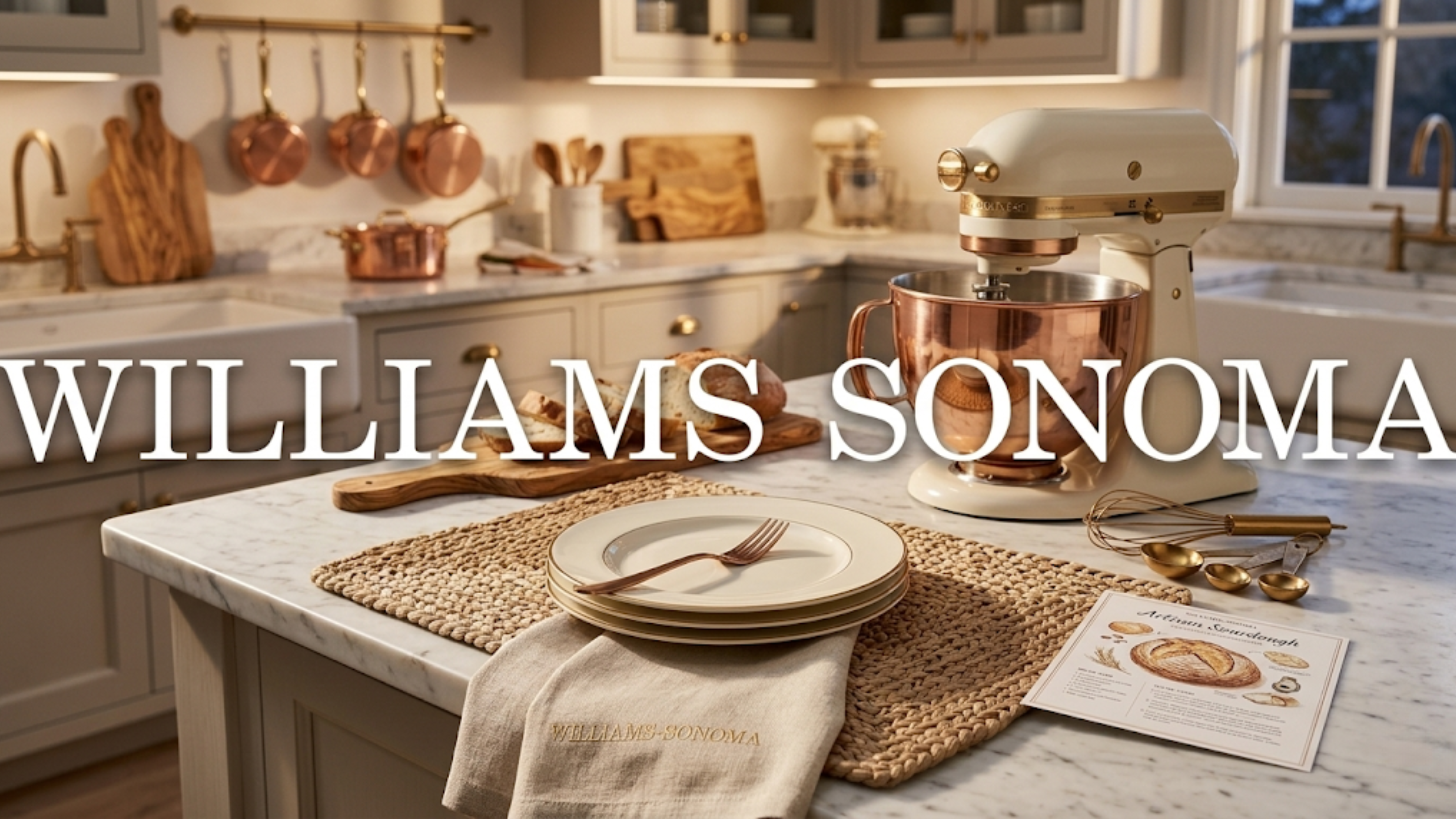 Williams-Sonoma kitchen display with cookware and mixer.