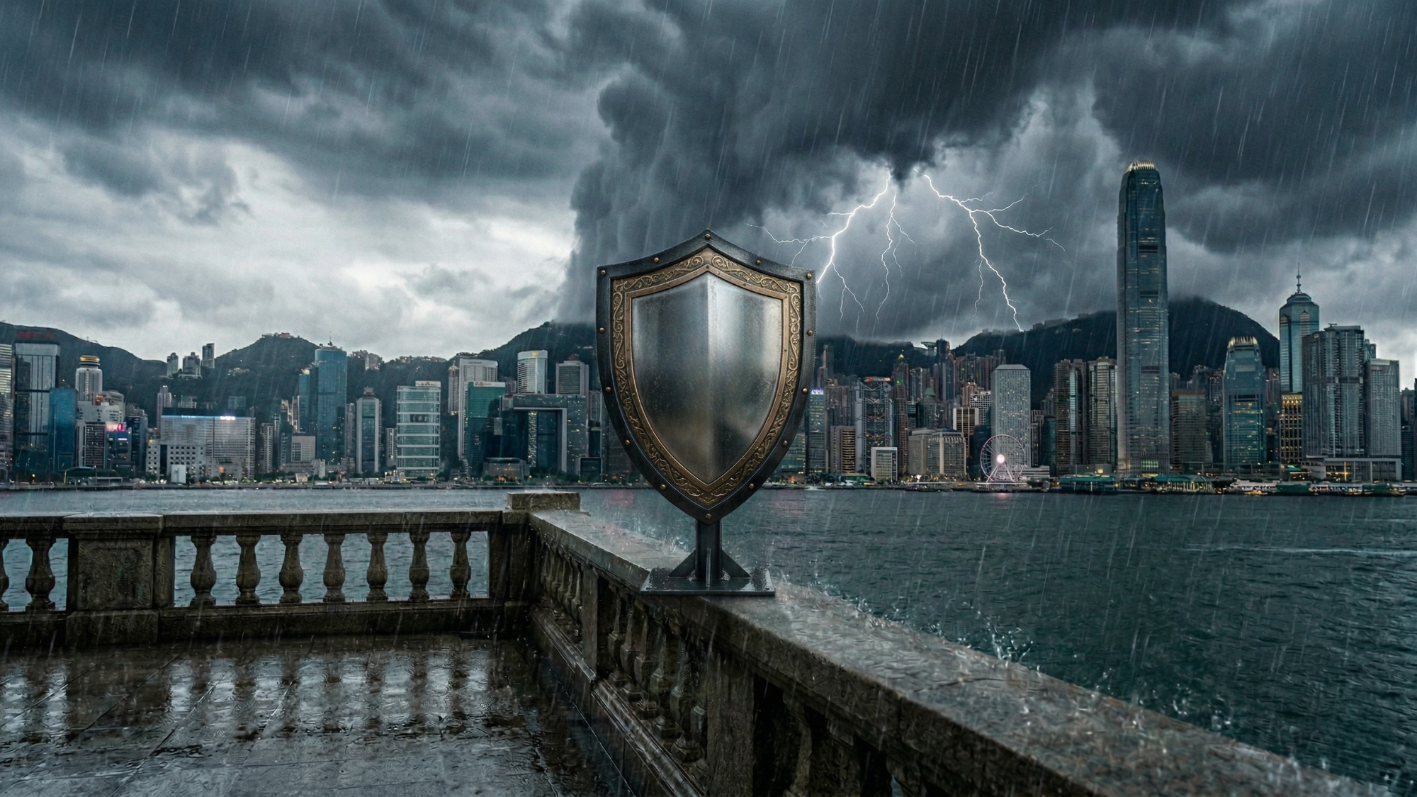 Storm over city skyline with lightning, symbolizing market turmoil, while a protective shield represents defensive dividend stocks.