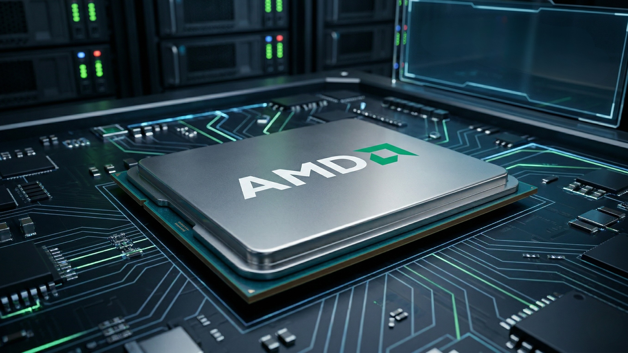 Close-up of AMD processor on a circuit board, representing AI datacenter GPU growth and semiconductor innovation.