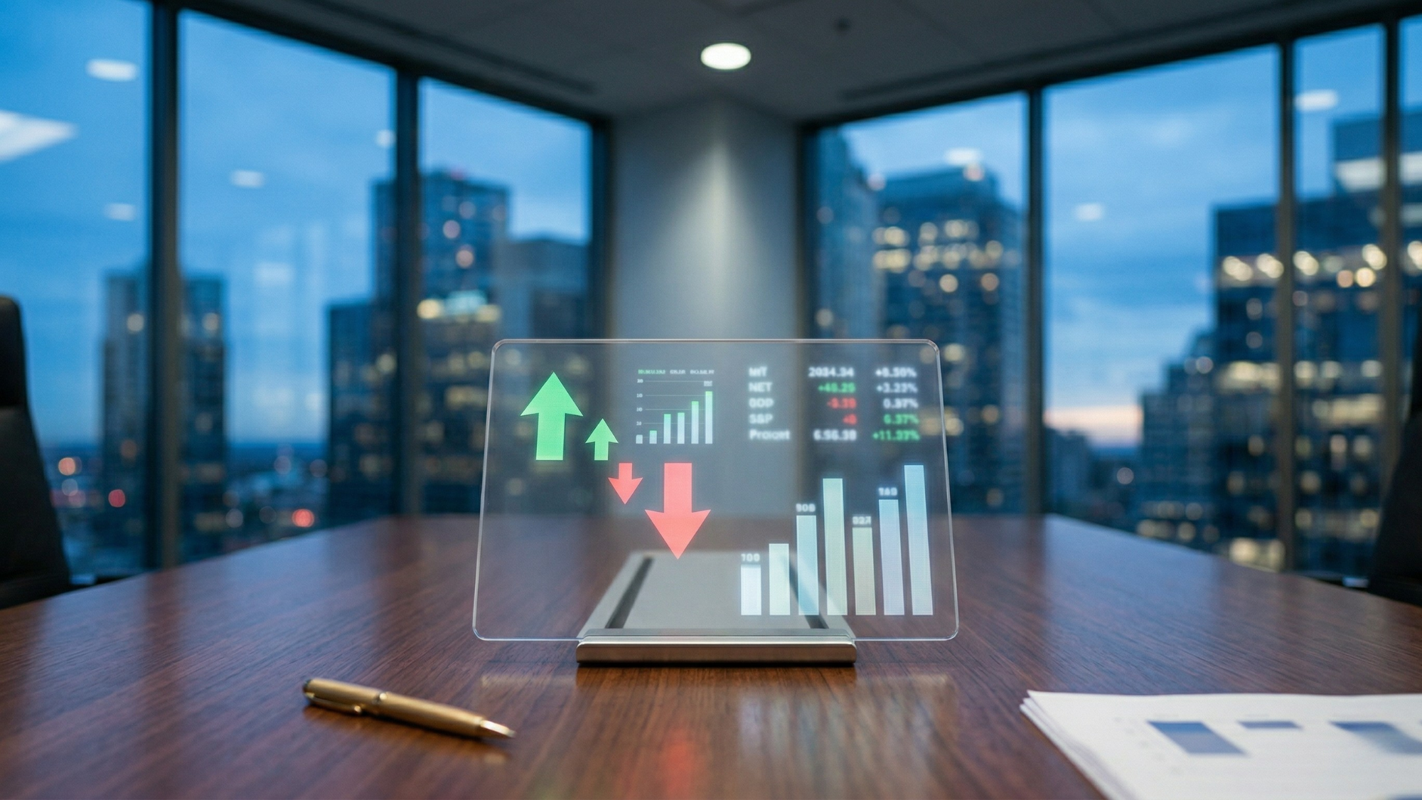 Stock chart with up and down arrows in office reflects insider trading, separating RSU tax sales from discretionary buys.