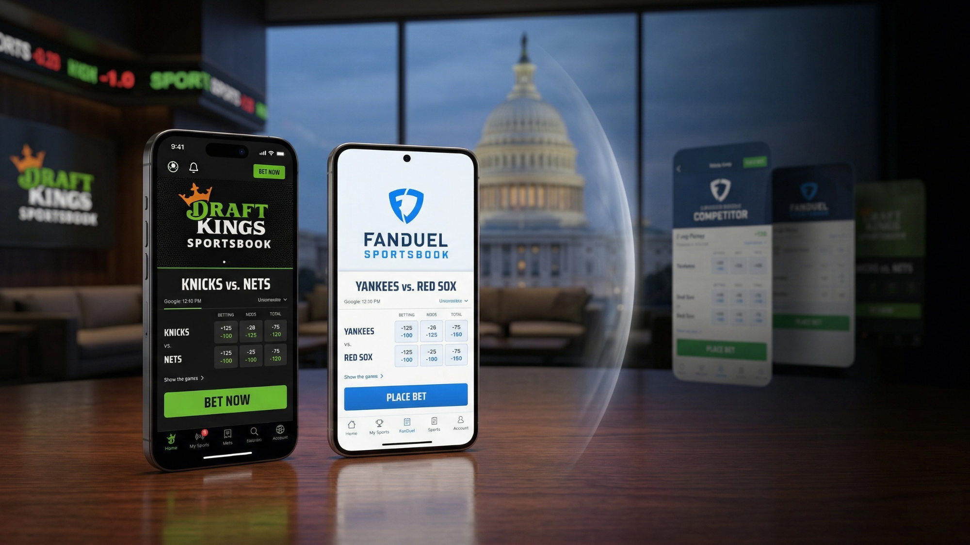 DraftKings and FanDuel apps on smartphones as U.S. bill targets unregulated betting rivals, boosting market share outlook.
