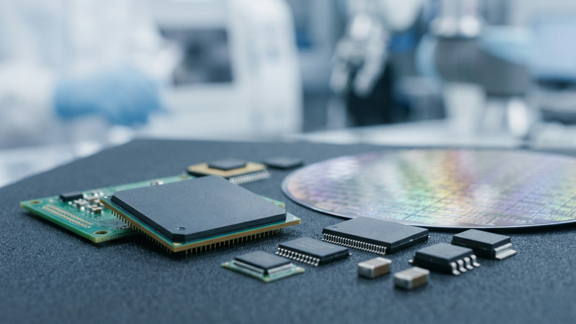 Close-up of semiconductor chips and silicon wafer, representing AMD and AI-driven growth in the semiconductor industry.