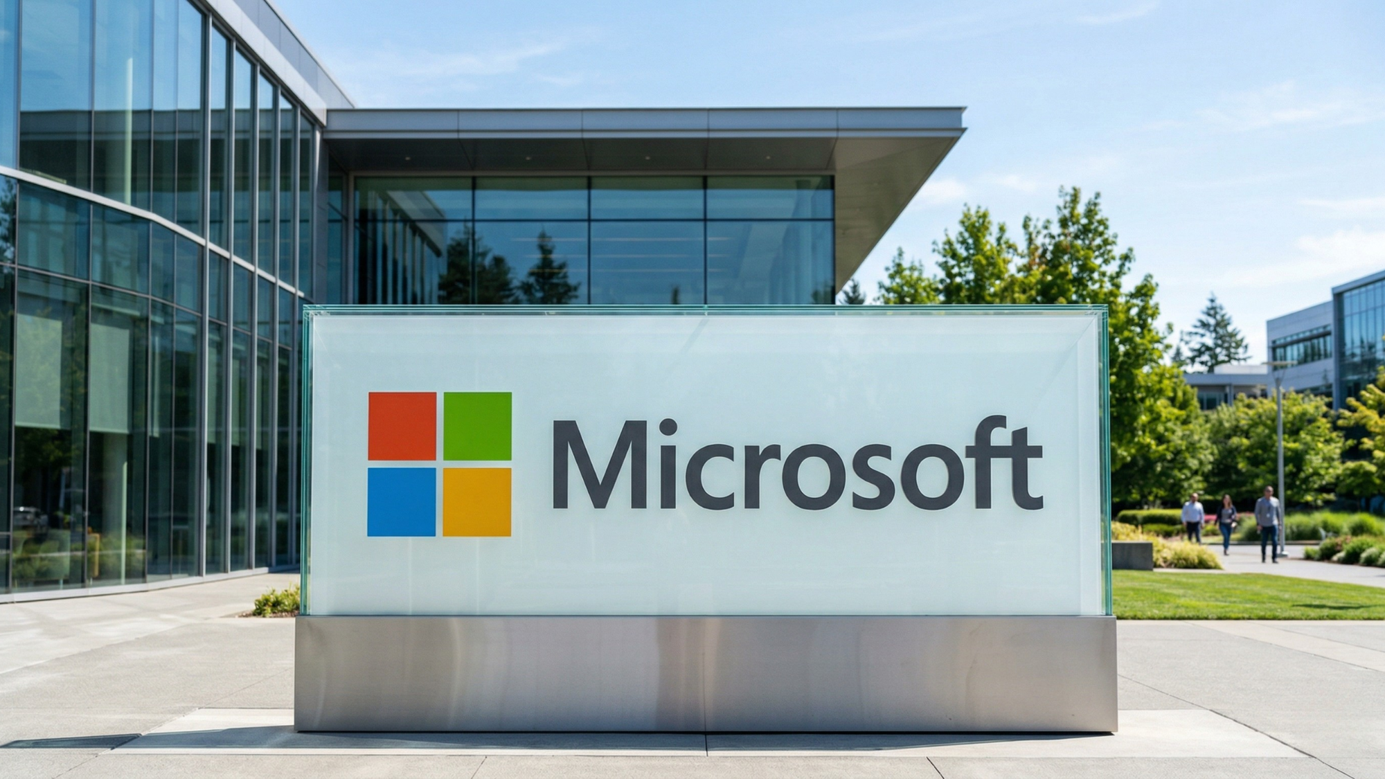 Microsoft headquarters sign outside modern office campus, reflecting stock pullback and valuation concerns in tech sector.