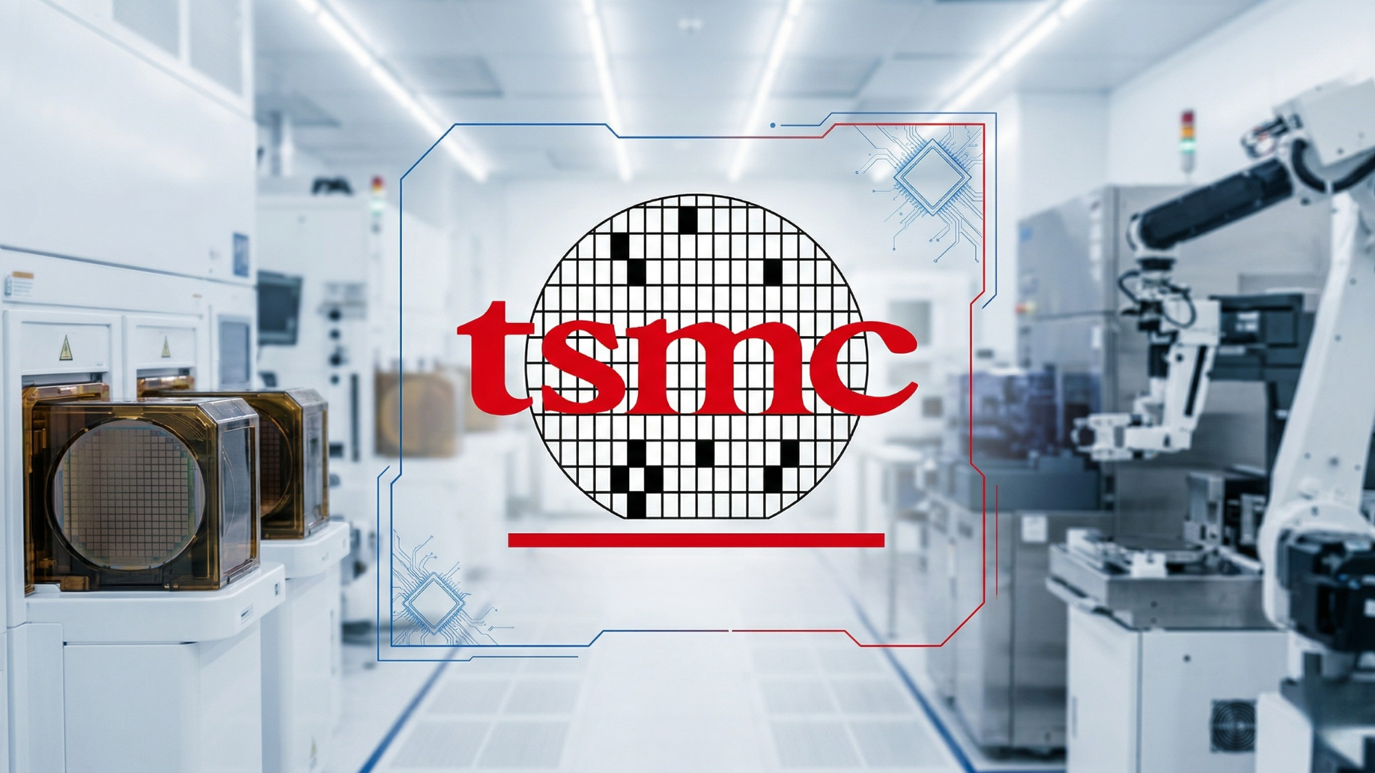 TSMC semiconductor fab with wafer and robotic arms, highlighting chip supply bottleneck in AI hardware industry.