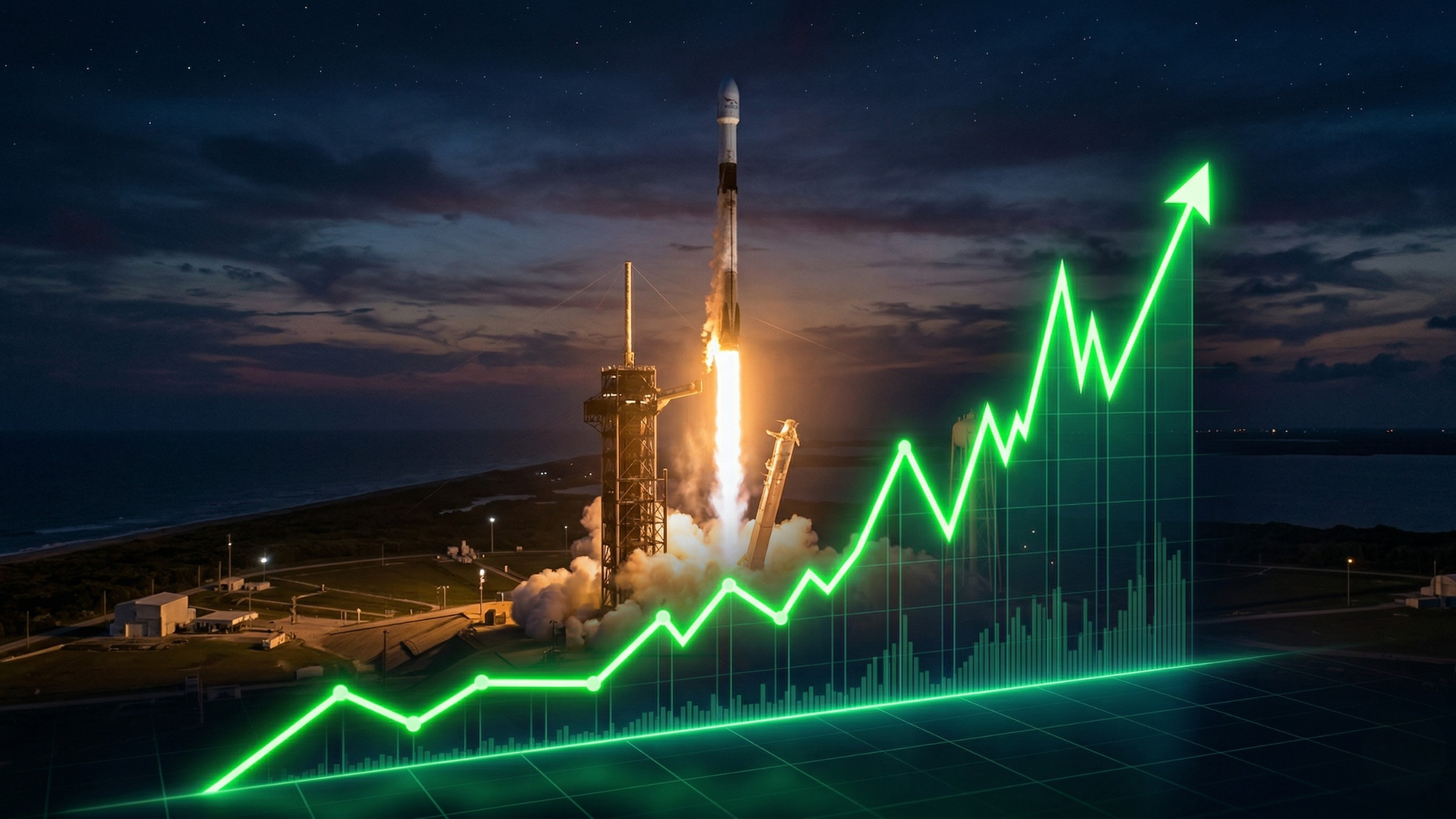 Rocket launch with glowing upward stock chart overlay, symbolizing rapid growth in space sector investments.