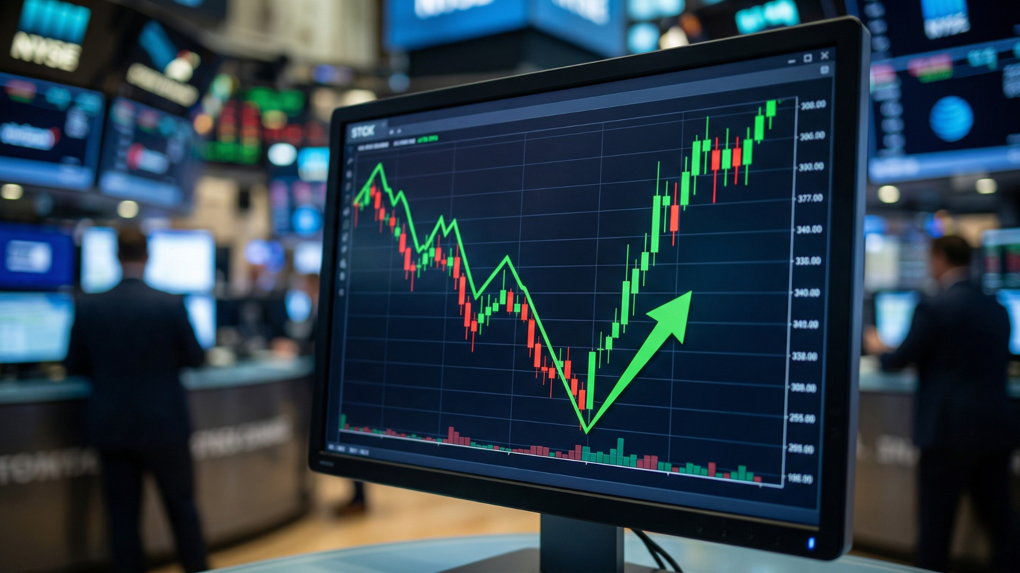 Stock market screen showing sharp rebound trend, reflecting AI-driven surge led by NVIDIA and S&P 500 recovery.