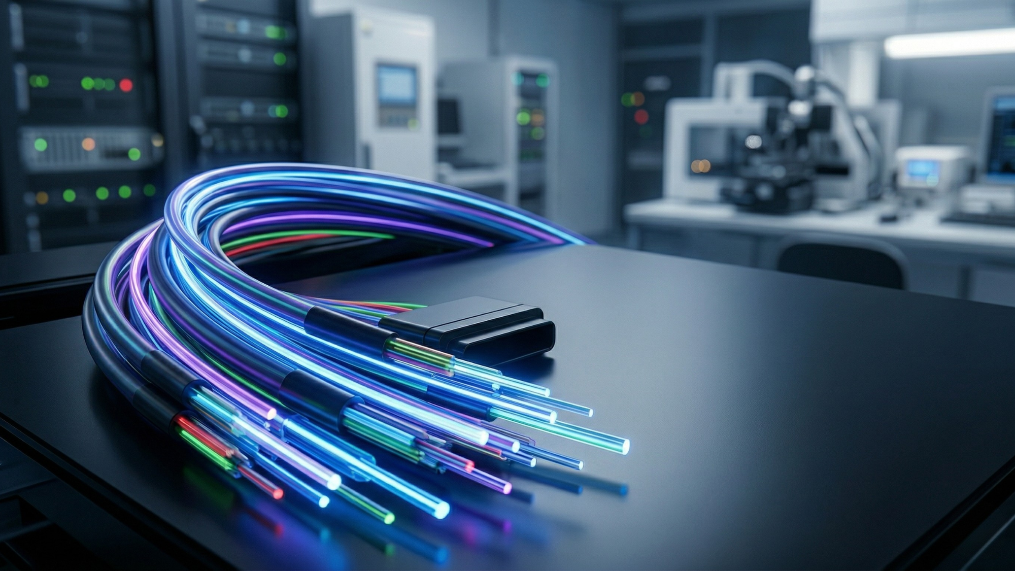 Glowing fiber optic cables in a lab symbolize Coherent’s role in AI photonics infrastructure growth.